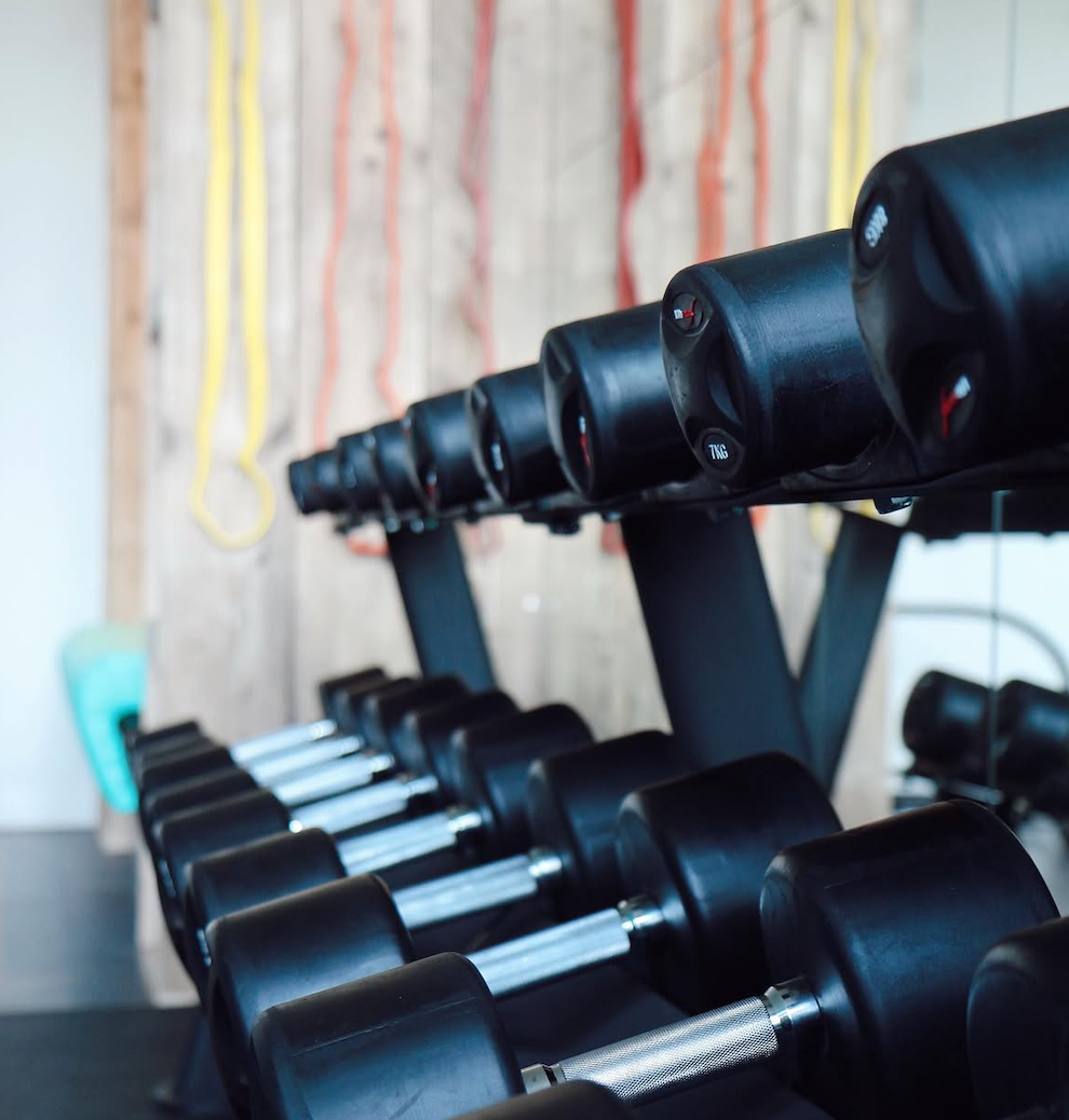 A row of black dumbbells on a rack in a gym, with resistance bands hanging on a wooden wall in the background.