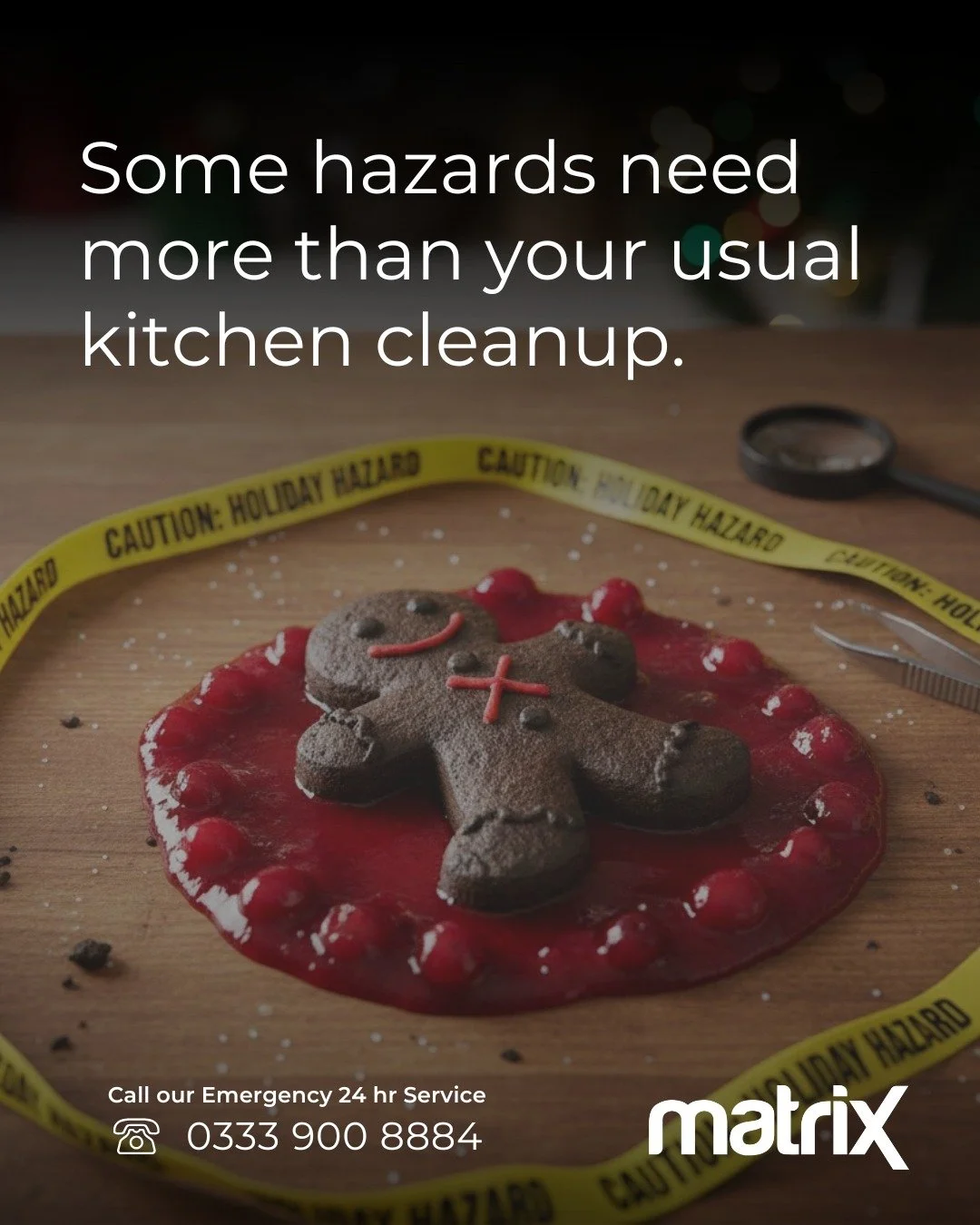 This festive season, the only thing we want to be hazardous if your dad's cooking. For spills, messes and the things that go far beyond a paper towel, trust the pros.

Happy Holidays and Stay Safe. 

 #commercialcleaningcompany #BiohazardCleaning #bi