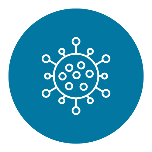 Icon of a virus or virus particle inside a blue circle
