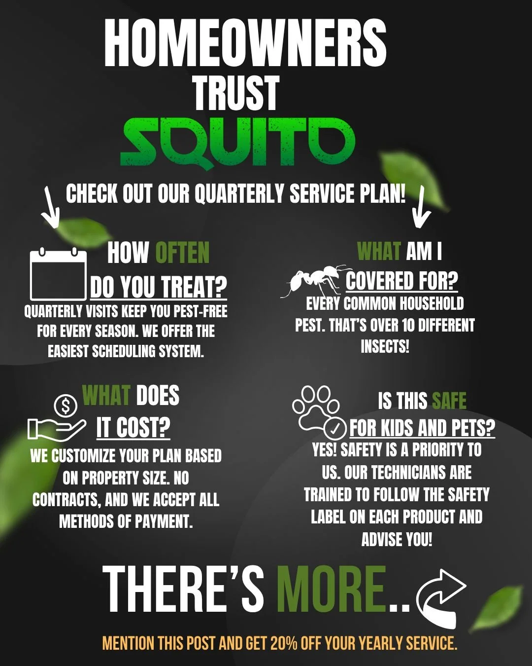Peace of Mind, Every Season! 🏡
Quarterly pest control isn't just a service... It's protection you can count on. At Squito, we customize your plan to fit your property, keep you covered against 10+ common household pests, and ensure the safety of you