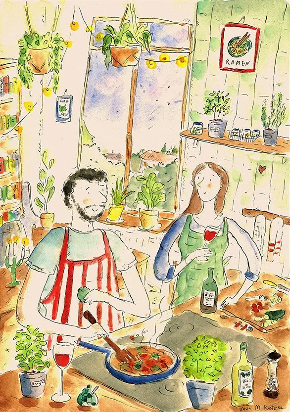 ilustracja na zamówienie portret pary wspólne gotowanie akwarela tusz