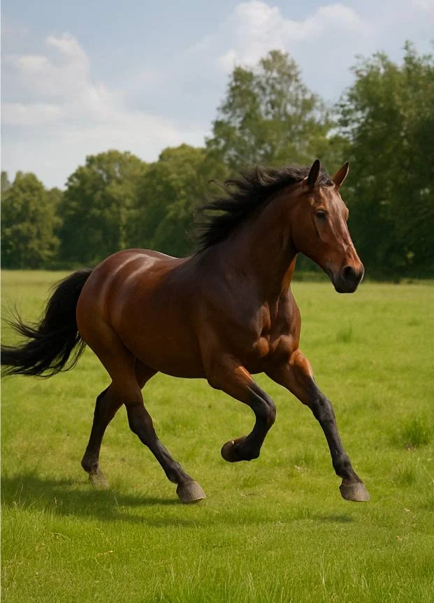 Un cheval brun galopant dans un champ verdoyant avec des arbres en arrière-plan.