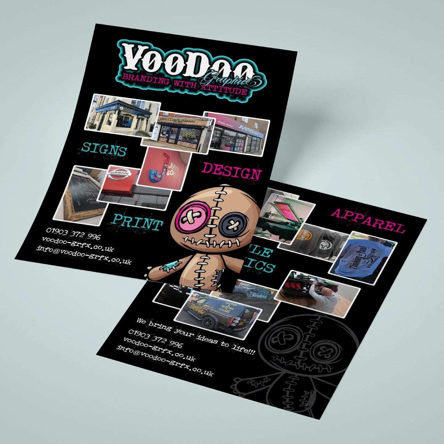 Just taken delivery of the latest leaflets I designed for the guys at @voodoo_grfx 
Bold colours, striking images of their work, and of course, their company mascot — VooDoo Child (who finally has a name… say hello to Deadwood π).
Bes