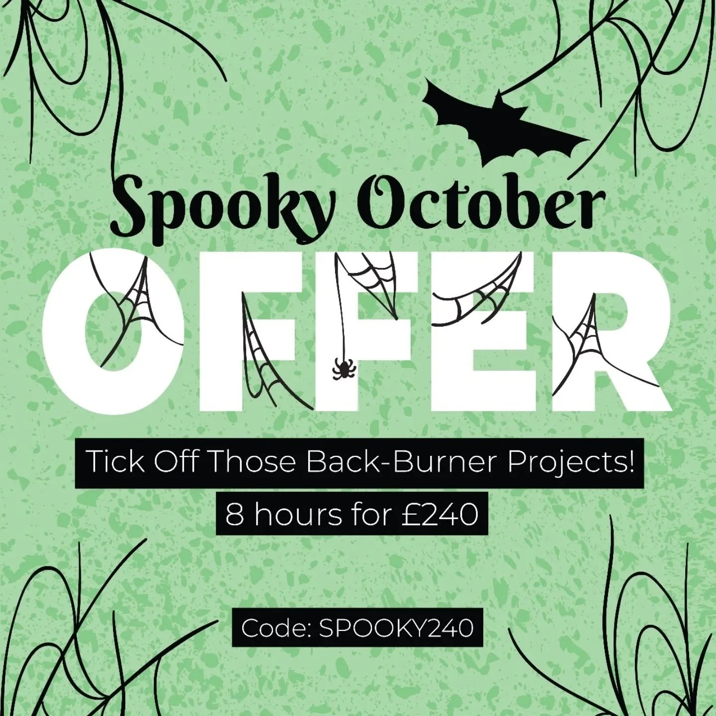 SPOOKY OCTOBER OFFER π»πΈοΈ Tick Off Those Back-Burner Projects!
We all have that design project sitting on the back burner…
Maybe it’s the brochure you’ve been meaning to update, the business cards that need a refresh, or a leafl