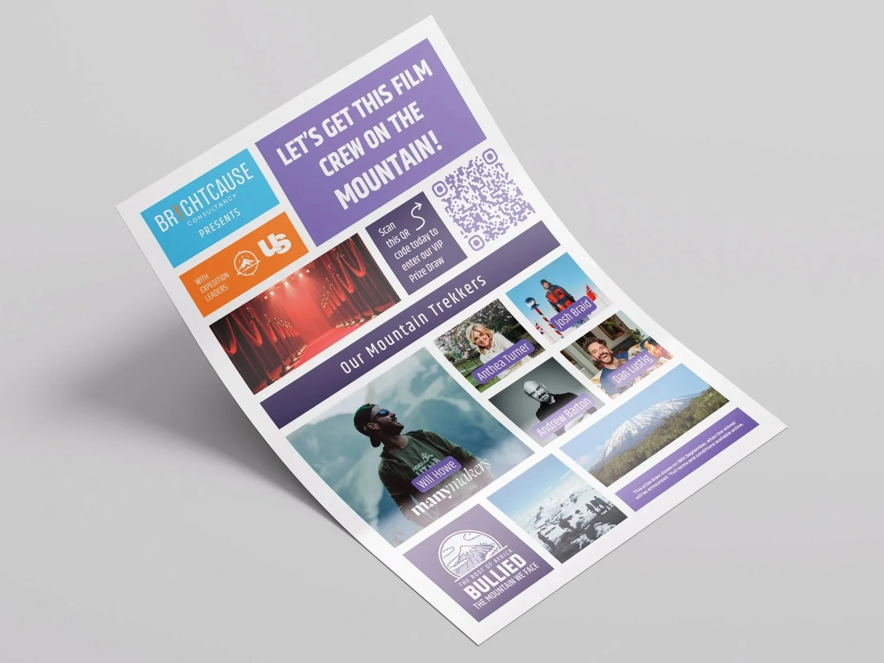 A colorful flyer with event details, images of mountain trekkers, and various logos and text promoting a film screening and mountain trekking event.