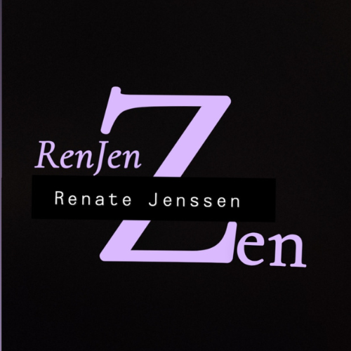 Bildet er logoen til Renate Jenssen, eier og driver av RenJenZen. Skiften er lys lilla på svart bakgrunn