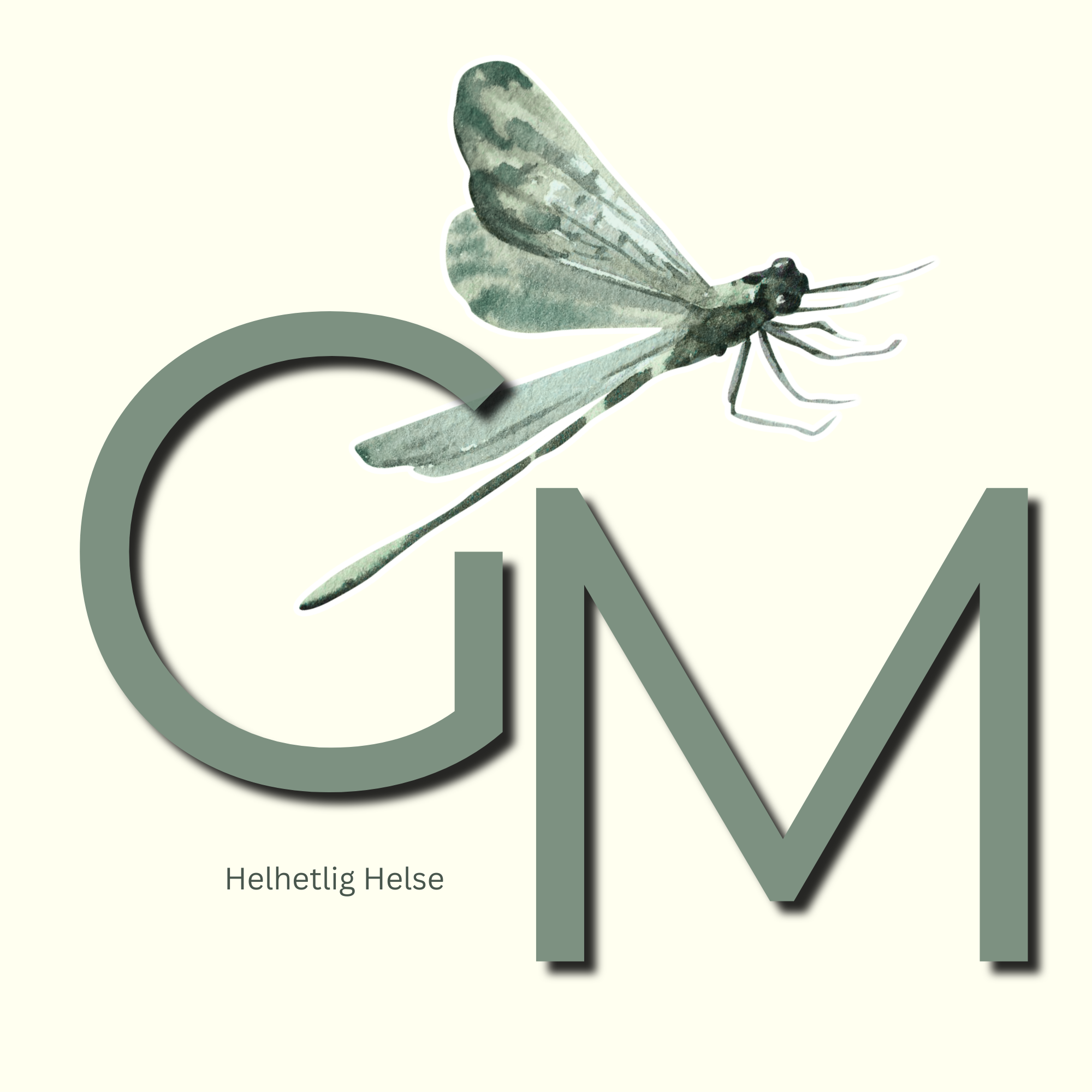 Logoen til https://gromerethe.no/ som viser en grønn G og M på hvit bakgrunn i tillegg til en grønn øyenstikker