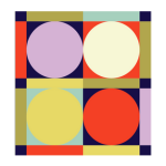 Abstract geometric artwork resembling baked goods with large circles in purple, cream, yellow, and red on a grid background of green, beige, navy blue, and red rectangles and squares.