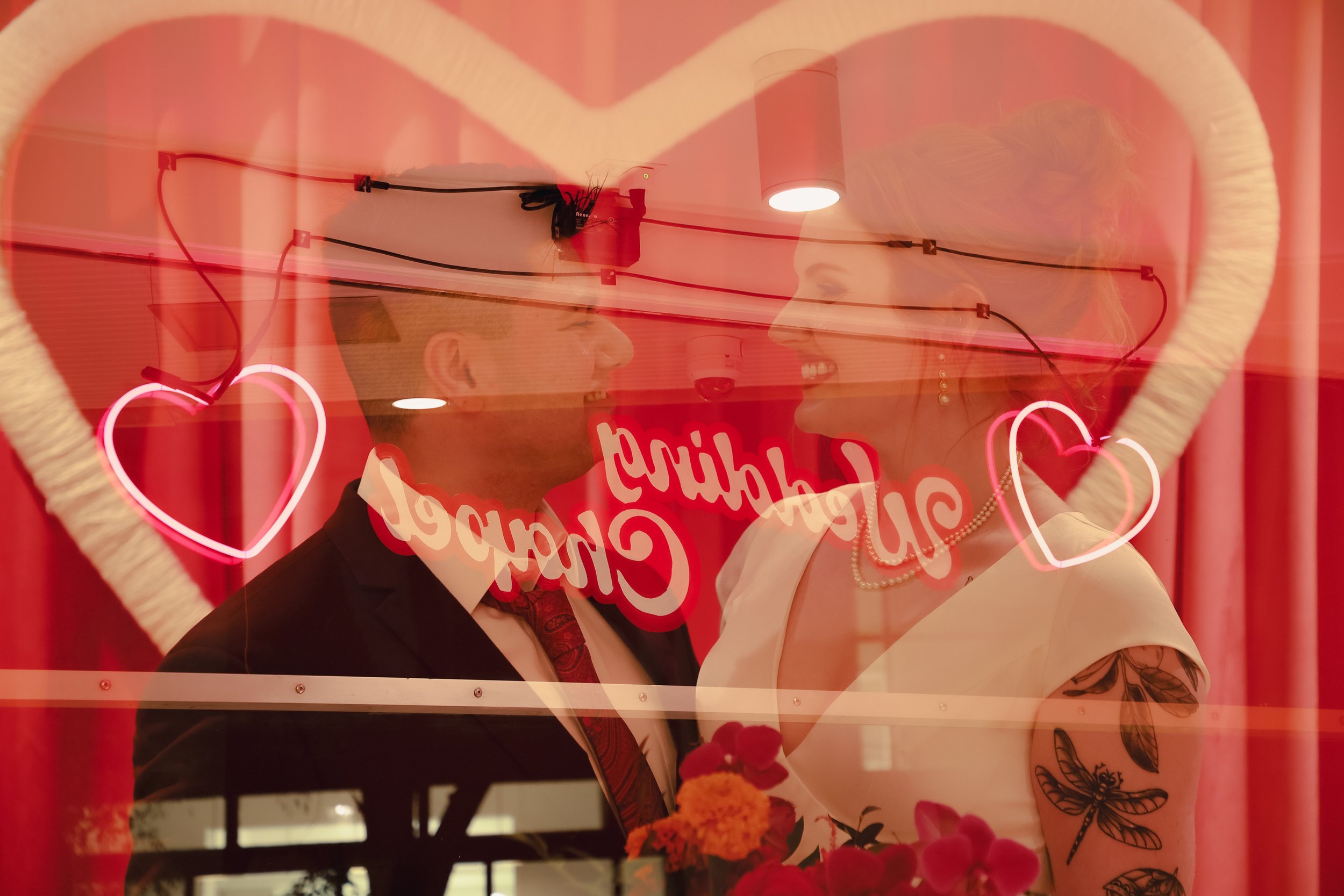 A photo of a couple with a heart double exposure 