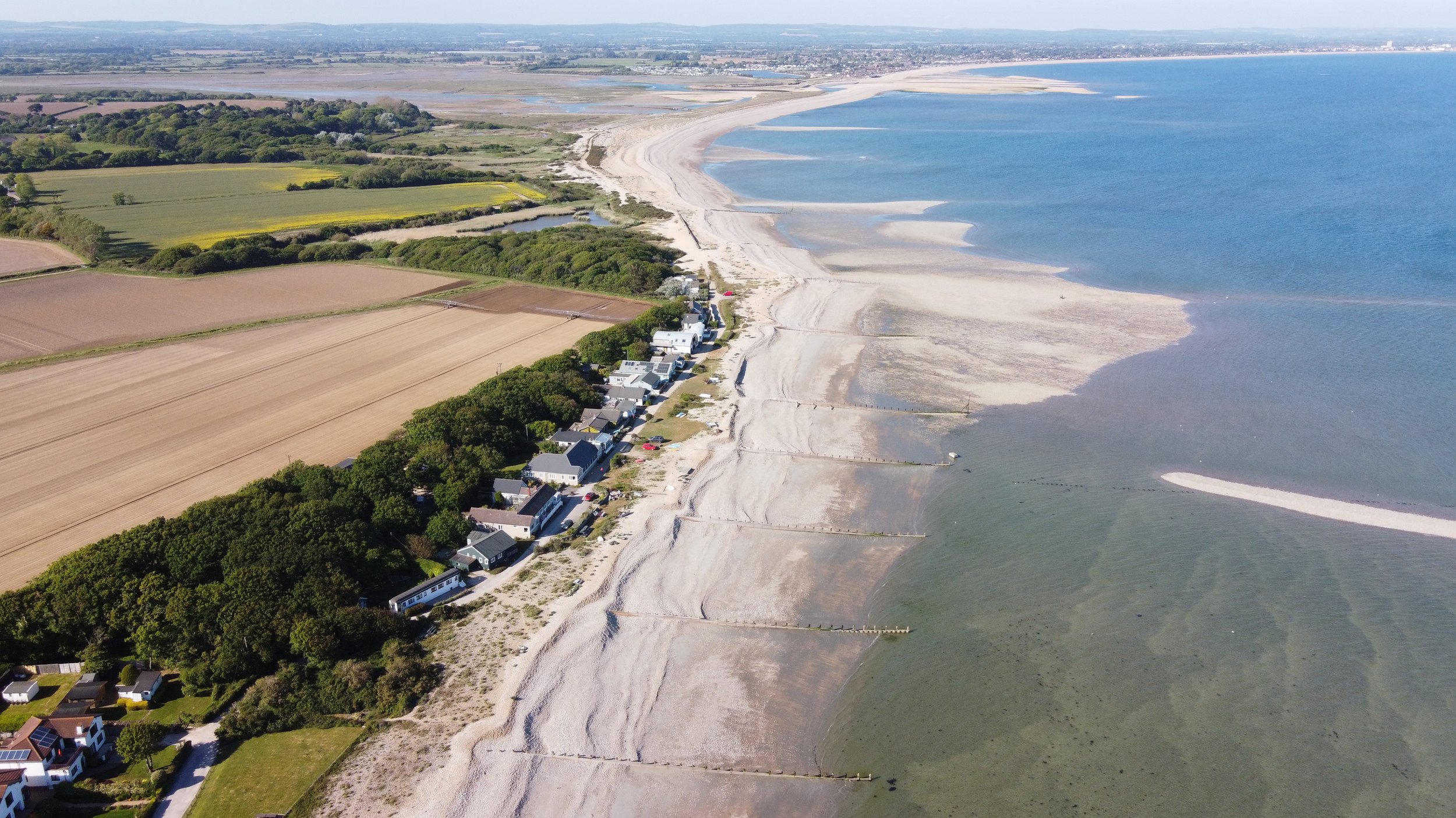 Aerial view of a coastline with sandy beach, ocean, and residential houses near fields and trees.
