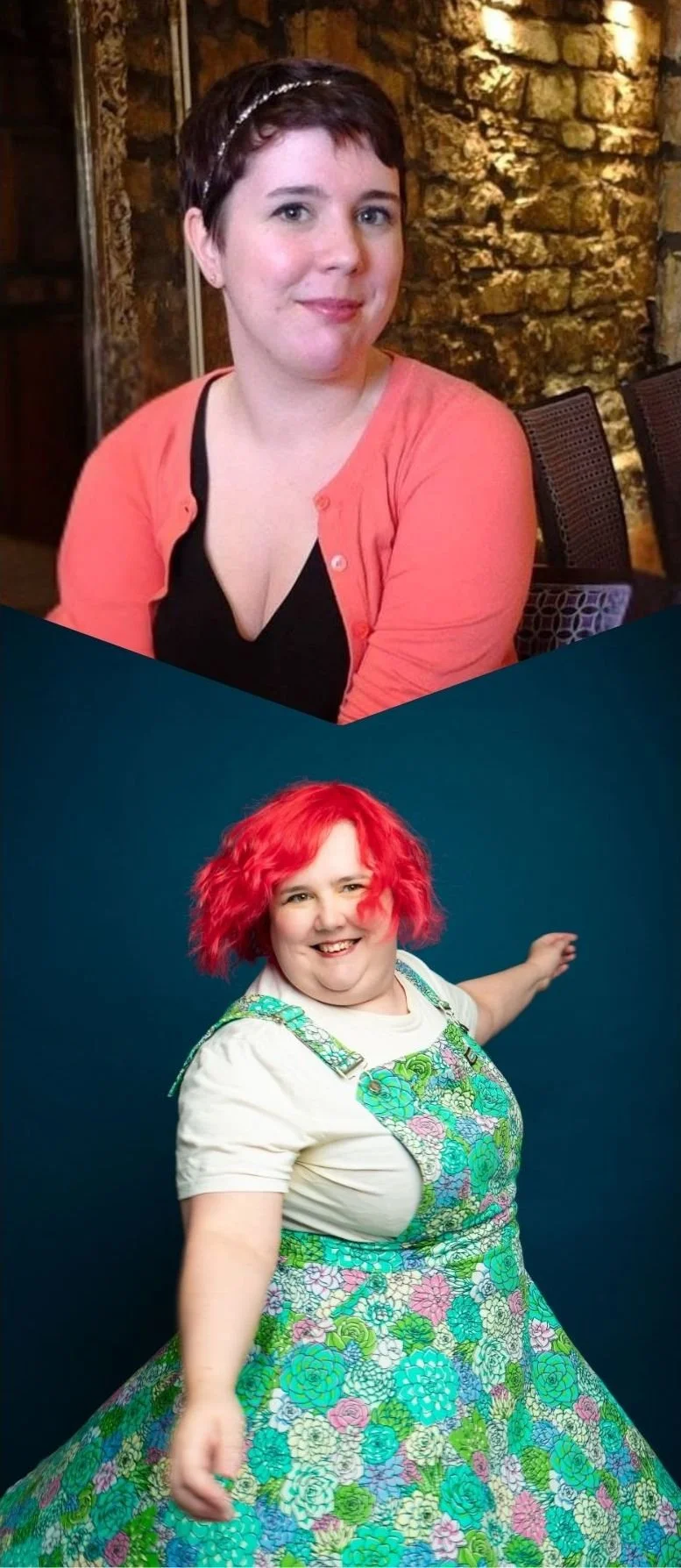 top picture of a burned out woman looking sad and small at the camera, which has an arrow moving into a picture of the same woman, ten years later. She is twirling in a bright dress, her face is joyful and she now has pink hair.