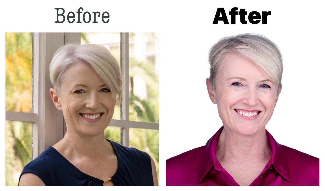 Side-by-side comparison of a woman with short, platinum blonde hair smiling in a natural setting before and with a more polished appearance after, in a studio with a white background, wearing a purple shirt.