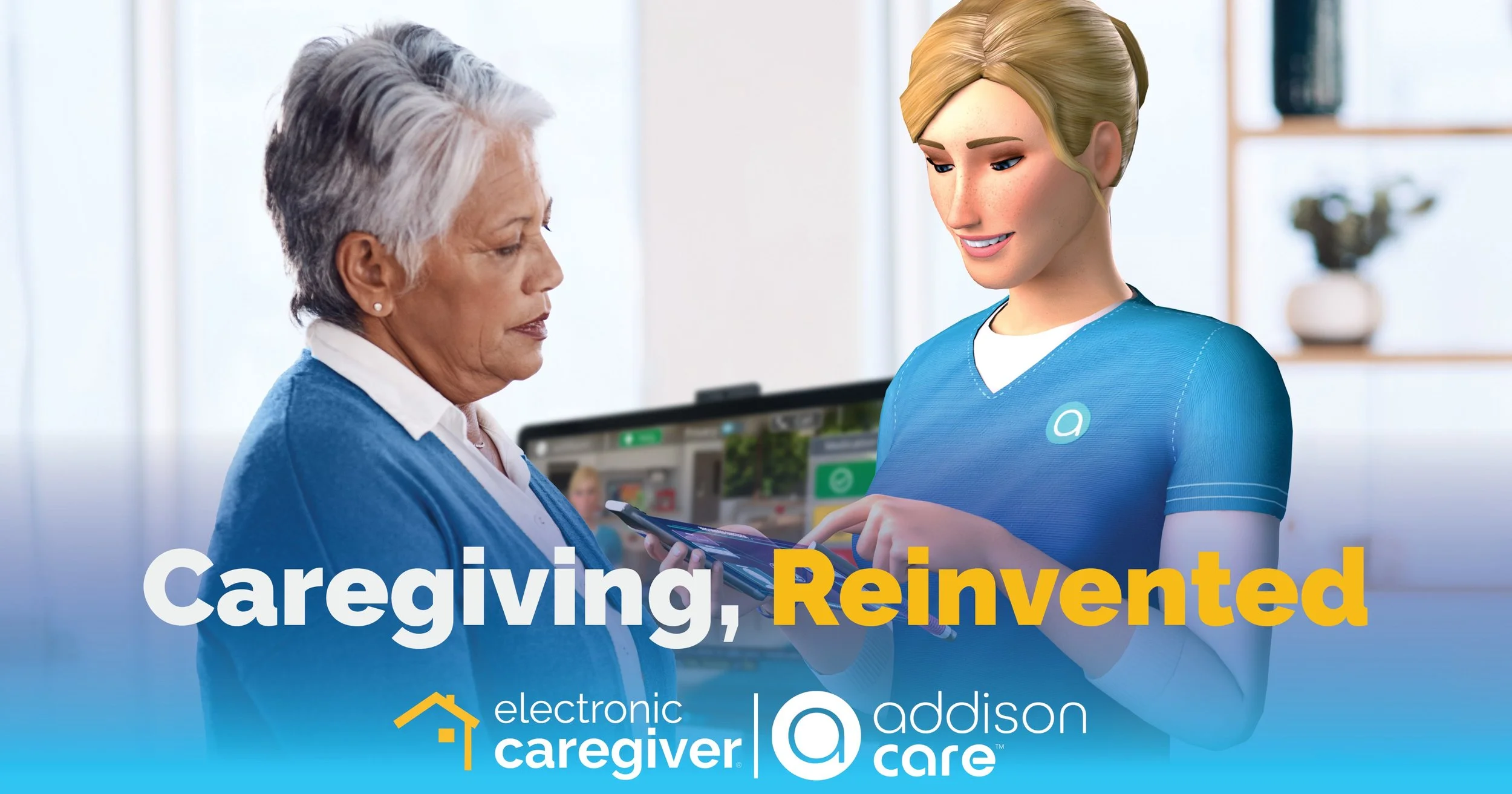 An elderly woman and a young female caregiver looking at a smartphone together in a home setting. The text reads 'Caregiving, Reinvented' with logos for Electronic Caregiver and Addison Care.