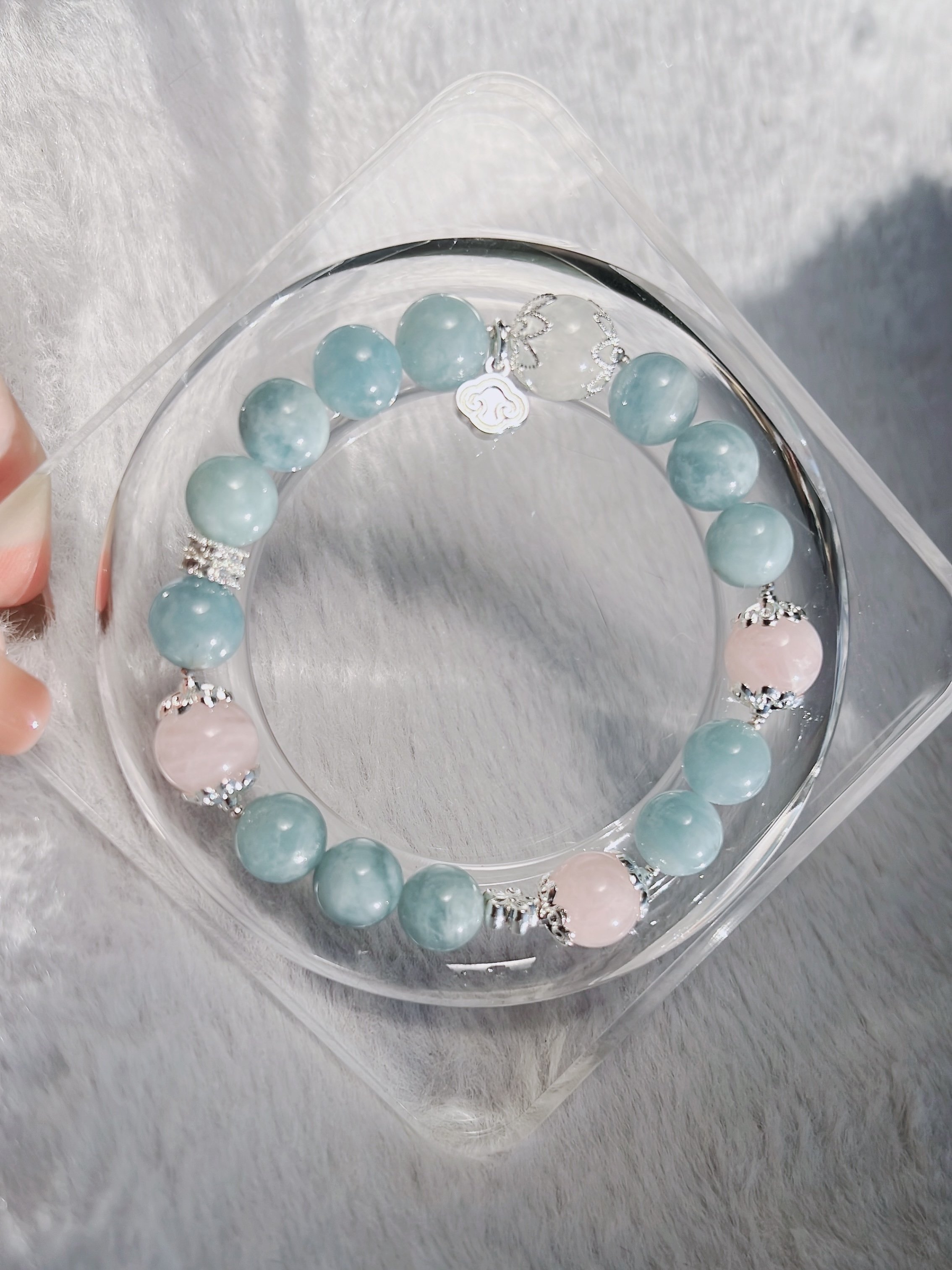 Aquamarine & Pink Quartz Crystal Bracelet