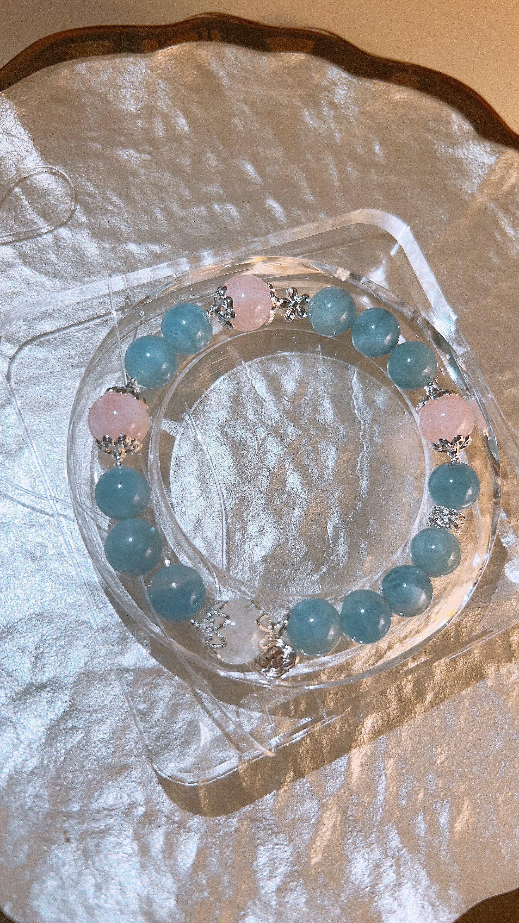 Aquamarine & Pink Quartz Crystal Bracelet