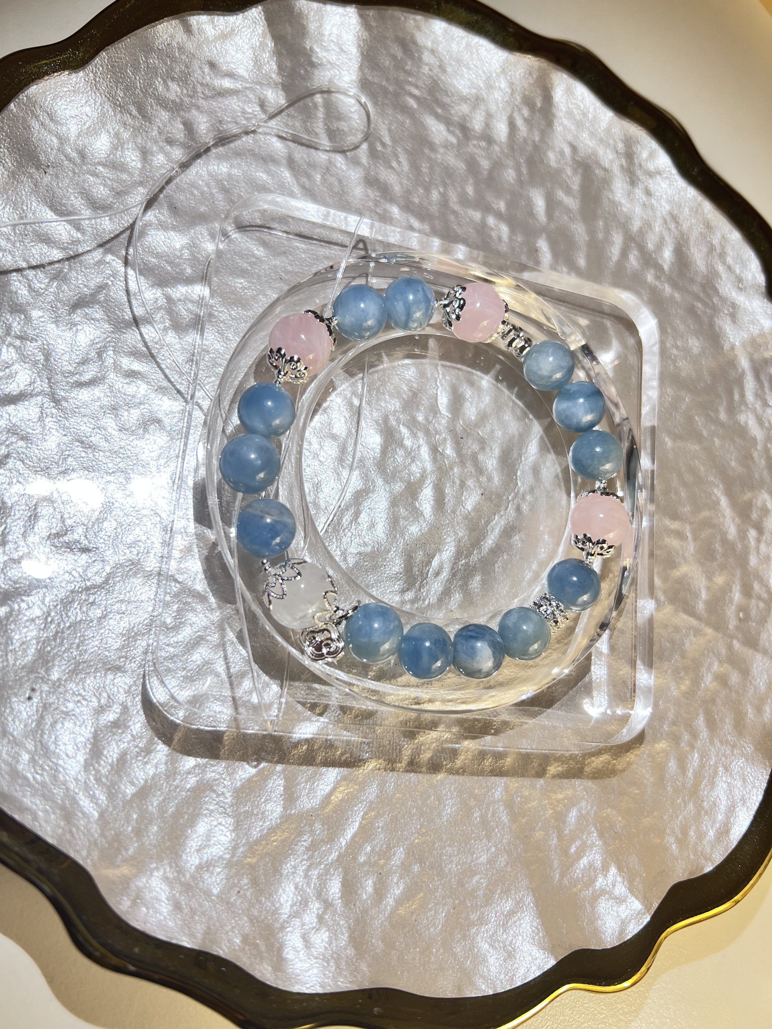 Aquamarine & Pink Quartz Crystal Bracelet