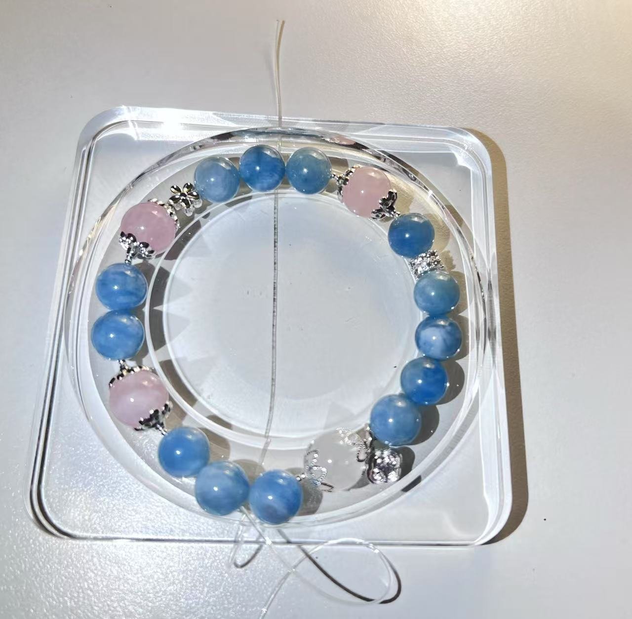 Aquamarine & Pink Quartz Crystal Bracelet