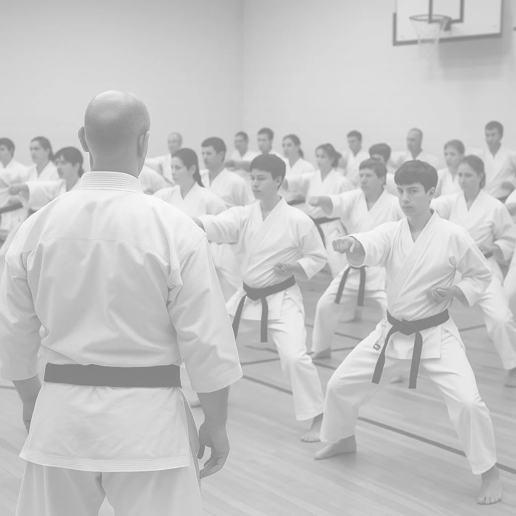 A large group of karateka training, wearing traditional keikogi, while the sensei looks on.