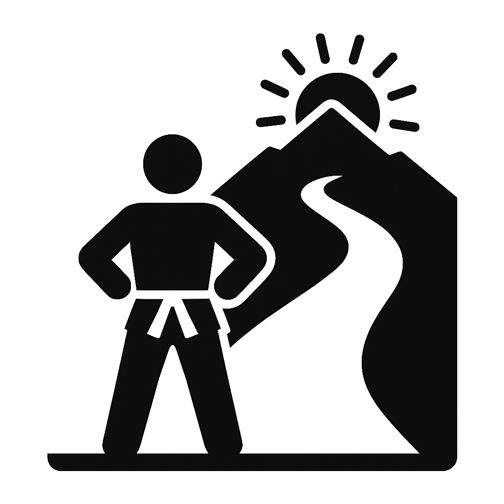 Karate practitioner standing at the base of a winding path leading to a mountain and rising sun, symbolizing discipline, purpose, and personal growth.