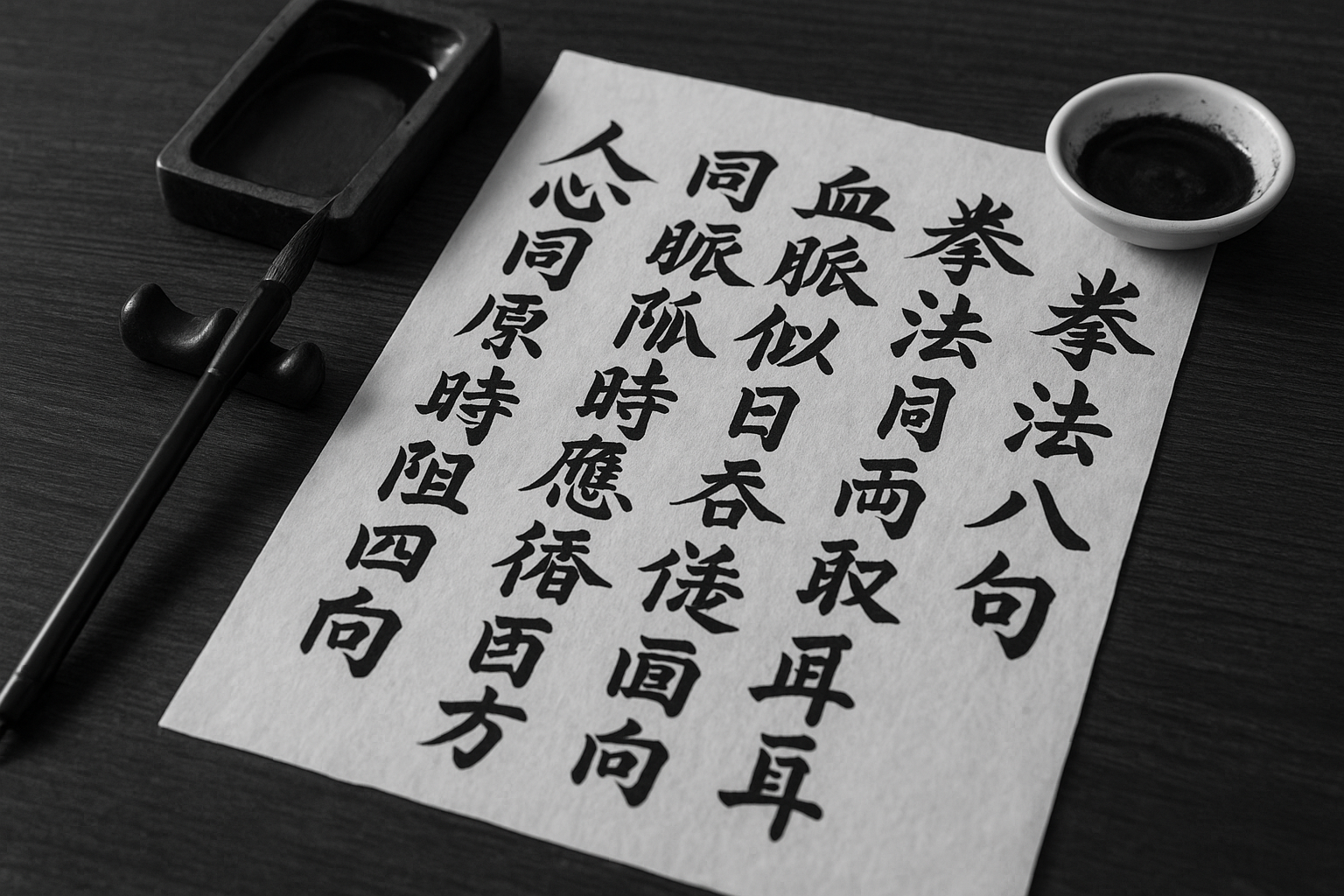 Black-and-white photograph of traditional East Asian calligraphy tools—ink brush, inkstone, and aged paper inscribed with the Eight Precepts of the Fist.