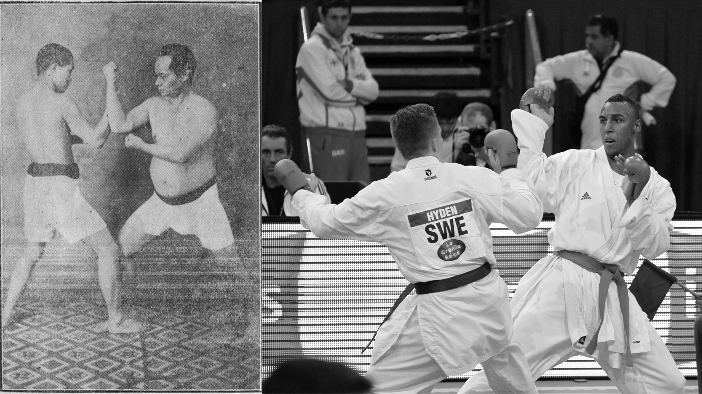 Split image showing traditional close-range Okinawan karate practice on the left and modern sport kumite competition on the right.