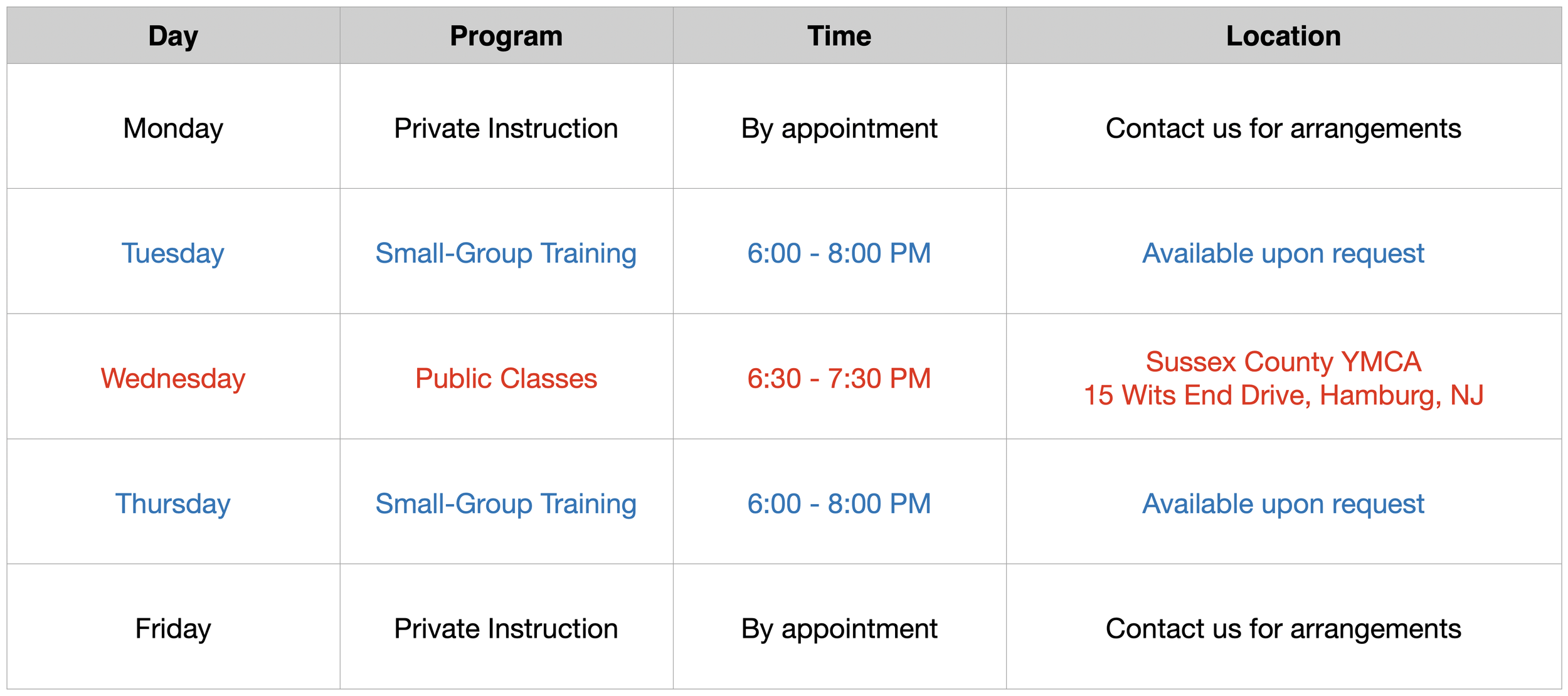 The Karate Workshop Weekly Training Schedule