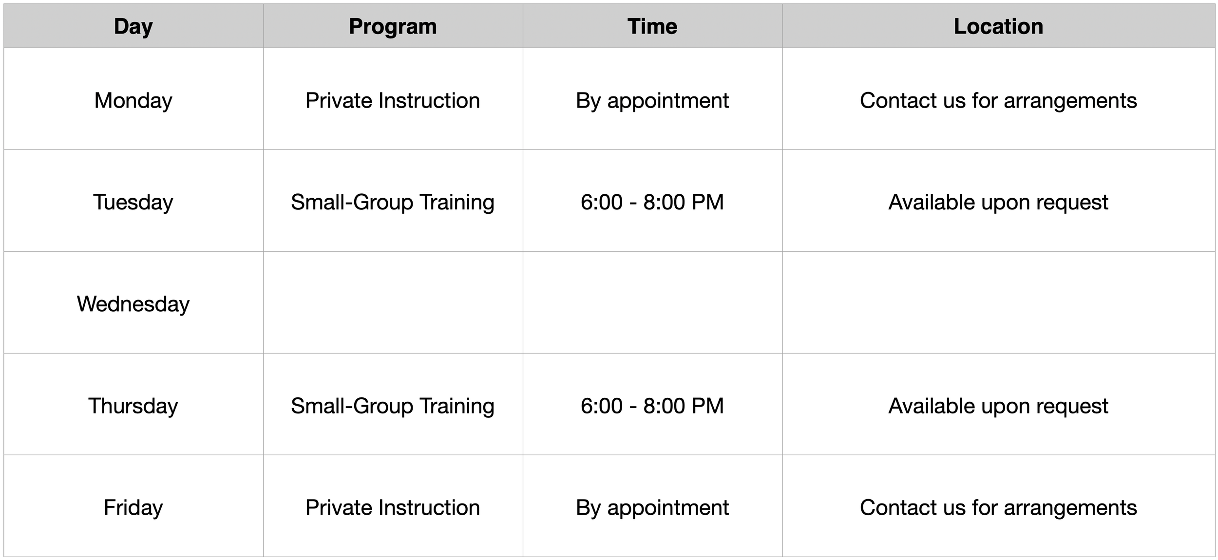 The Karate Workshop Weekly Training Schedule