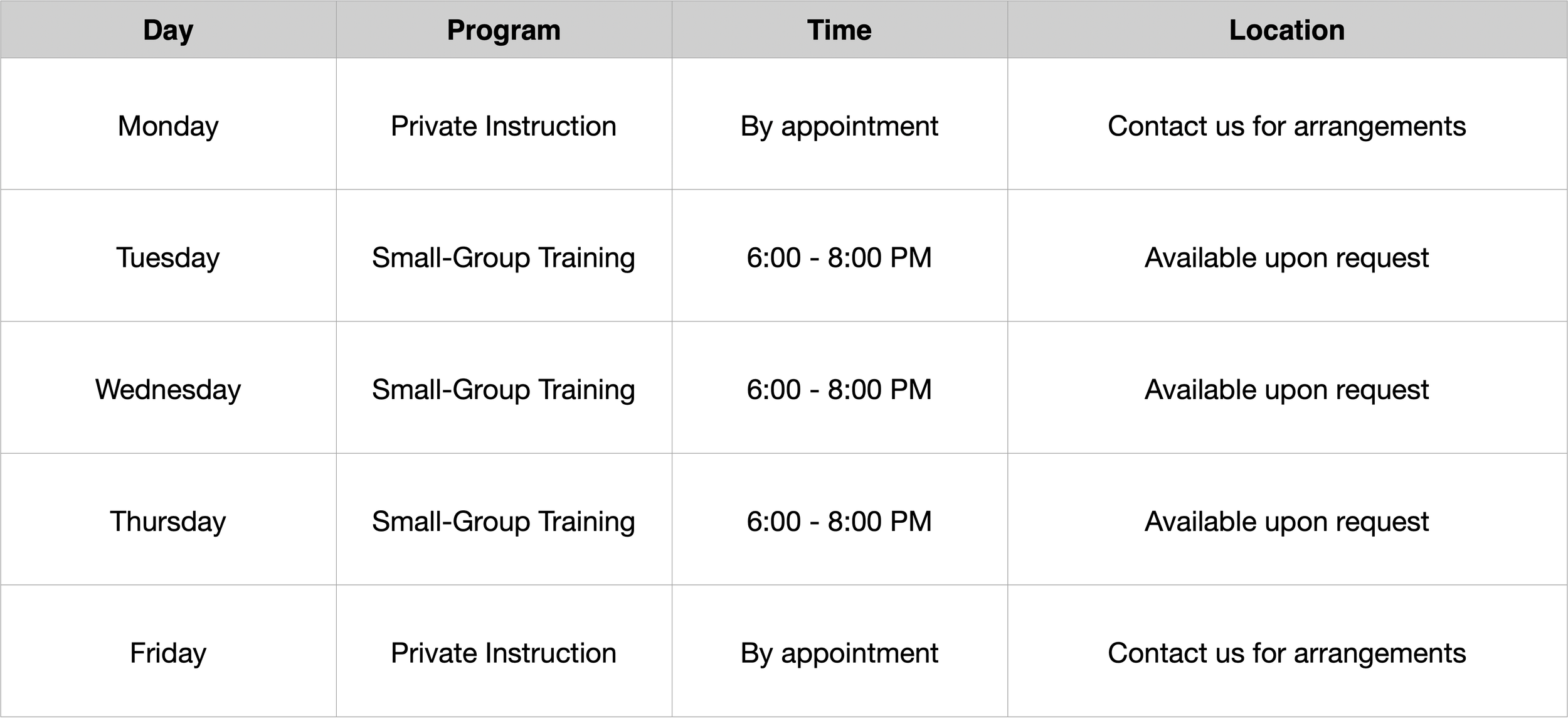 The Karate Workshop Weekly Training Schedule