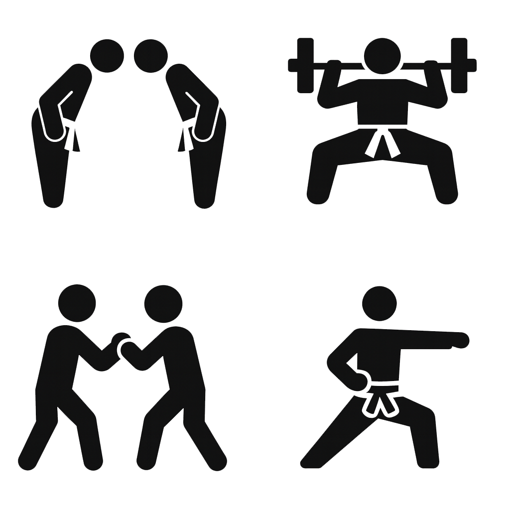 Four martial artists in different training poses — striking, grappling, lifting, and bowing — representing the well-rounded curriculum at The Karate Workshop.