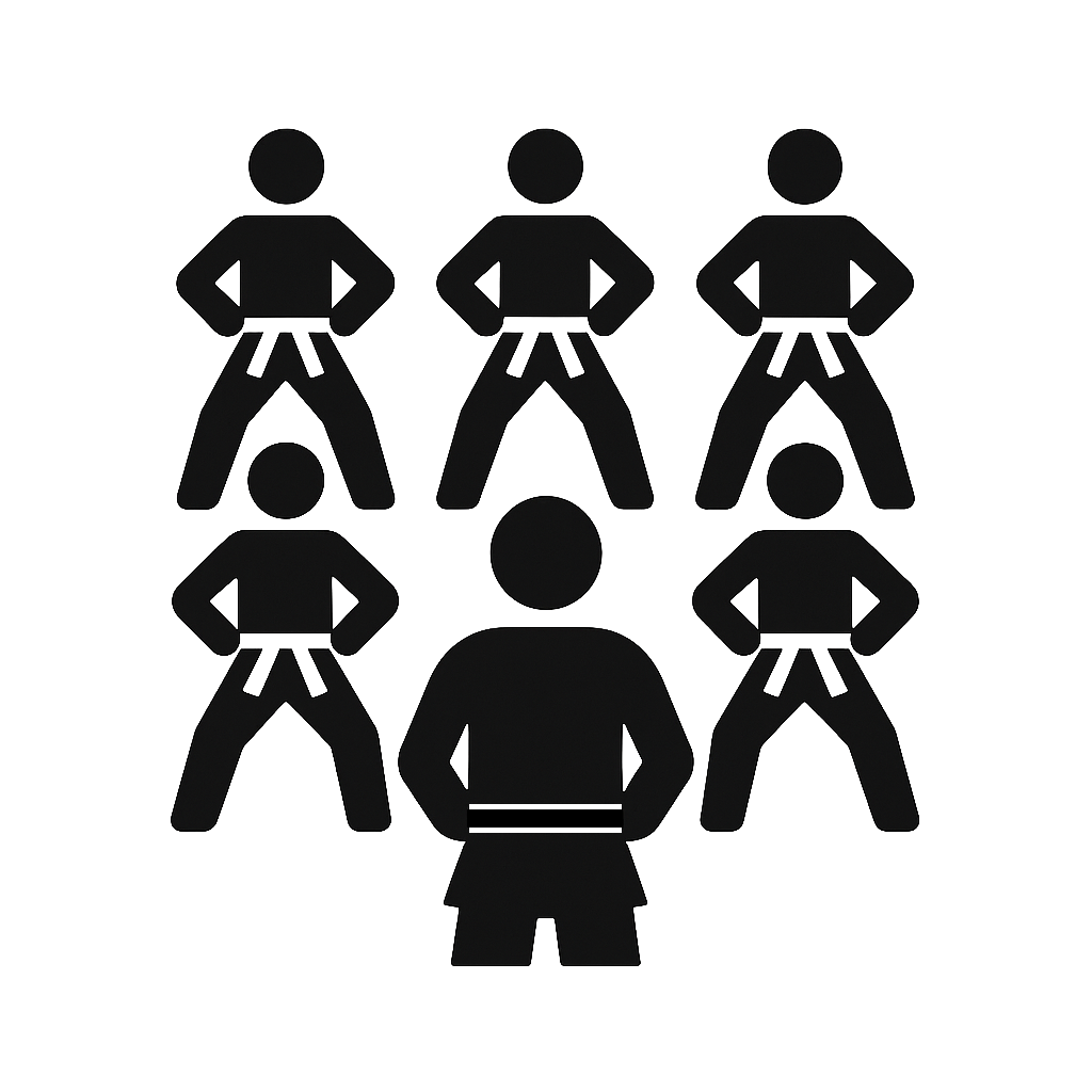 Silhouette of a large group of karateka training, wearing traditional keikogi, while the sensei looks on.