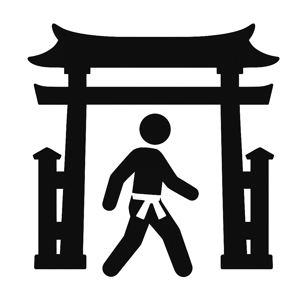 Karate student walking through a traditional Okinawan gate, symbolizing the first step on the martial arts journey at The Karate Workshop.