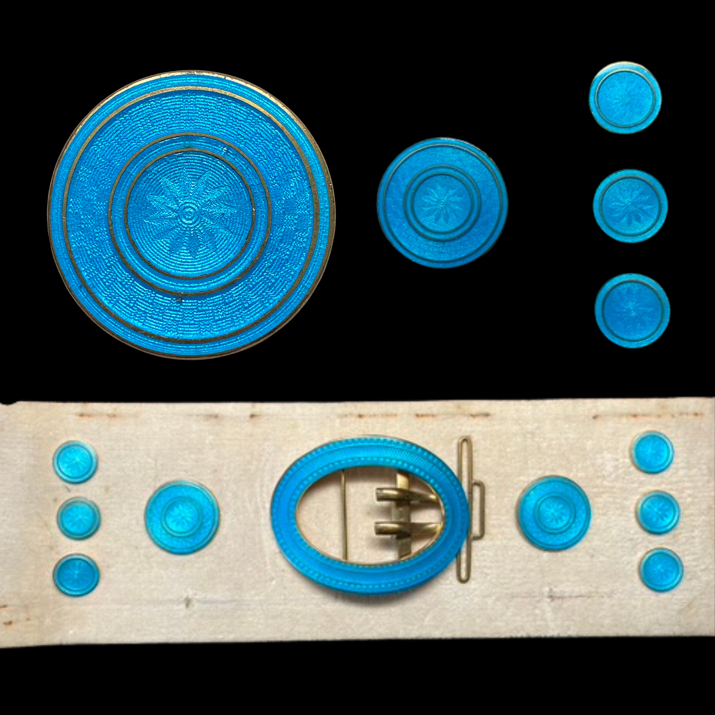Antique Guilloche Enamel Set including Buckle, Buttons & Hatpins