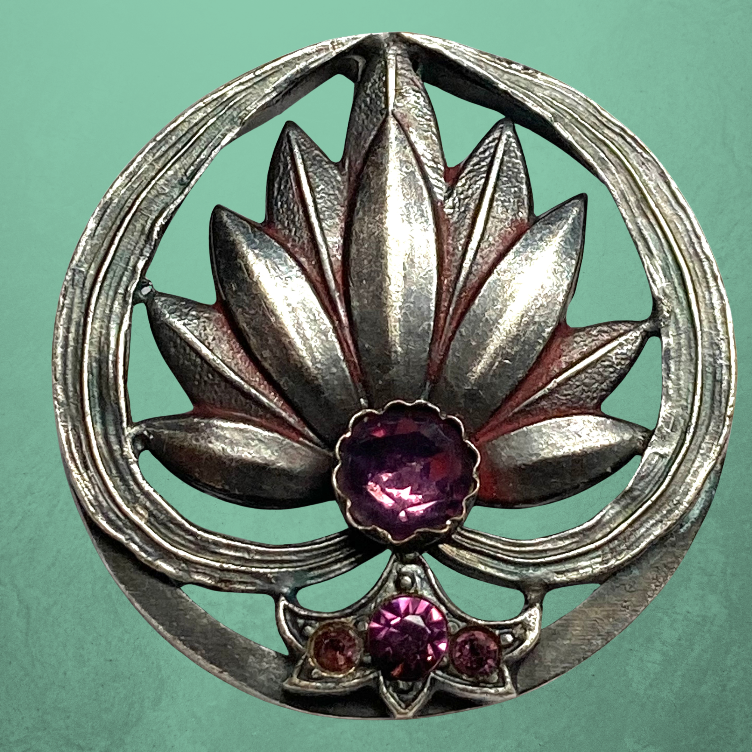 Medium Vintage White Metal Art Deco Button with Purple Pastes