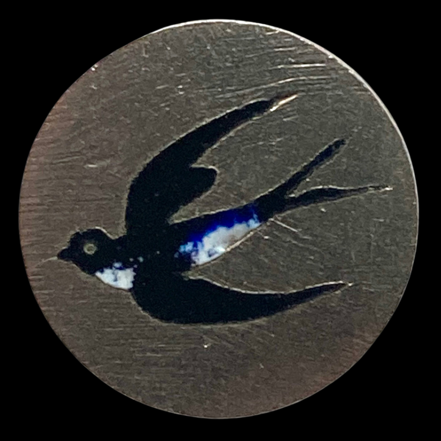 Small White Metal Antique Button w Enamel Swallow Bird in Flight