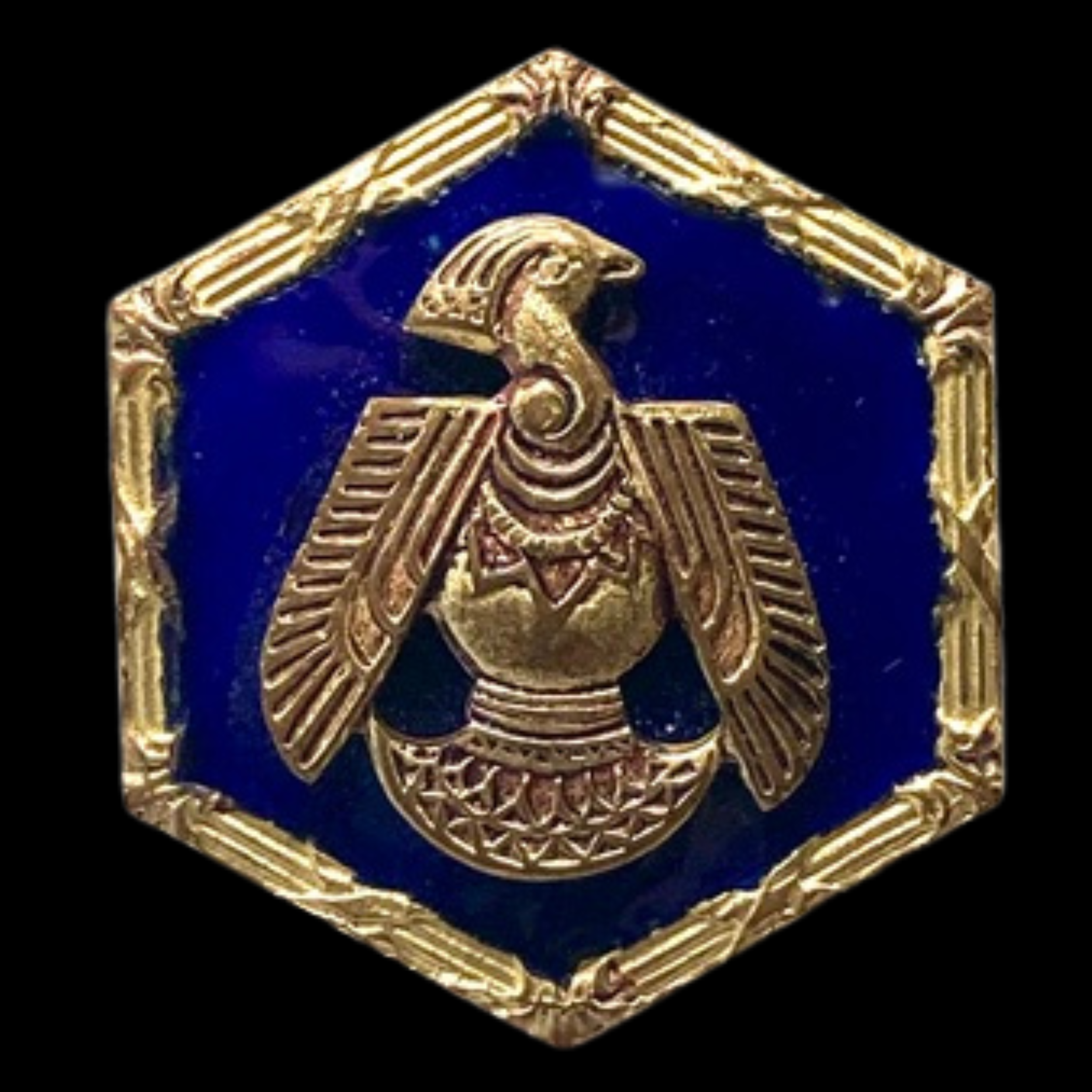 Medium Egyptian Revival Hexagonal Gilt Brass Button w Bird & Enamel