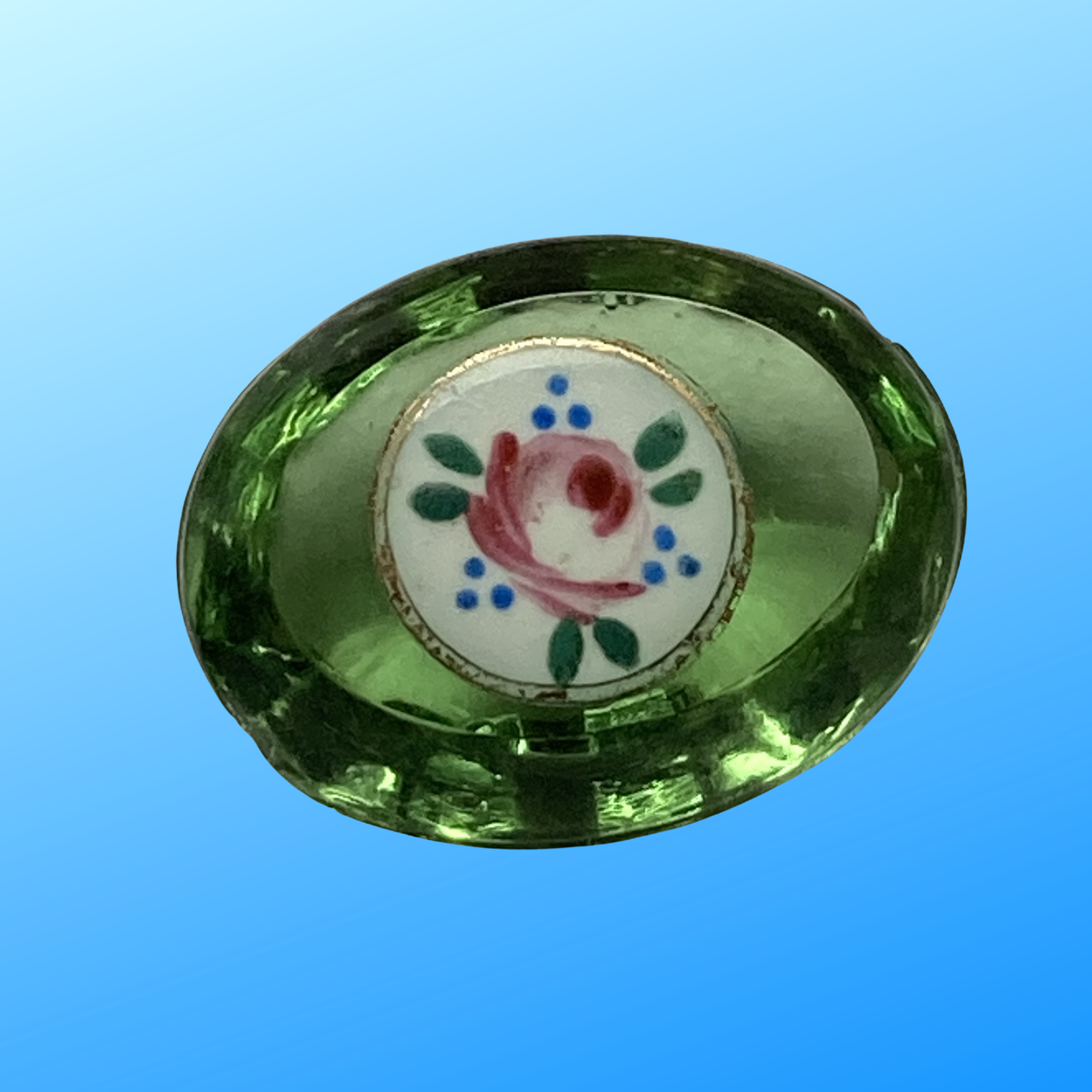 Small Oval Faceted Green Glass Button with Enamel Florals