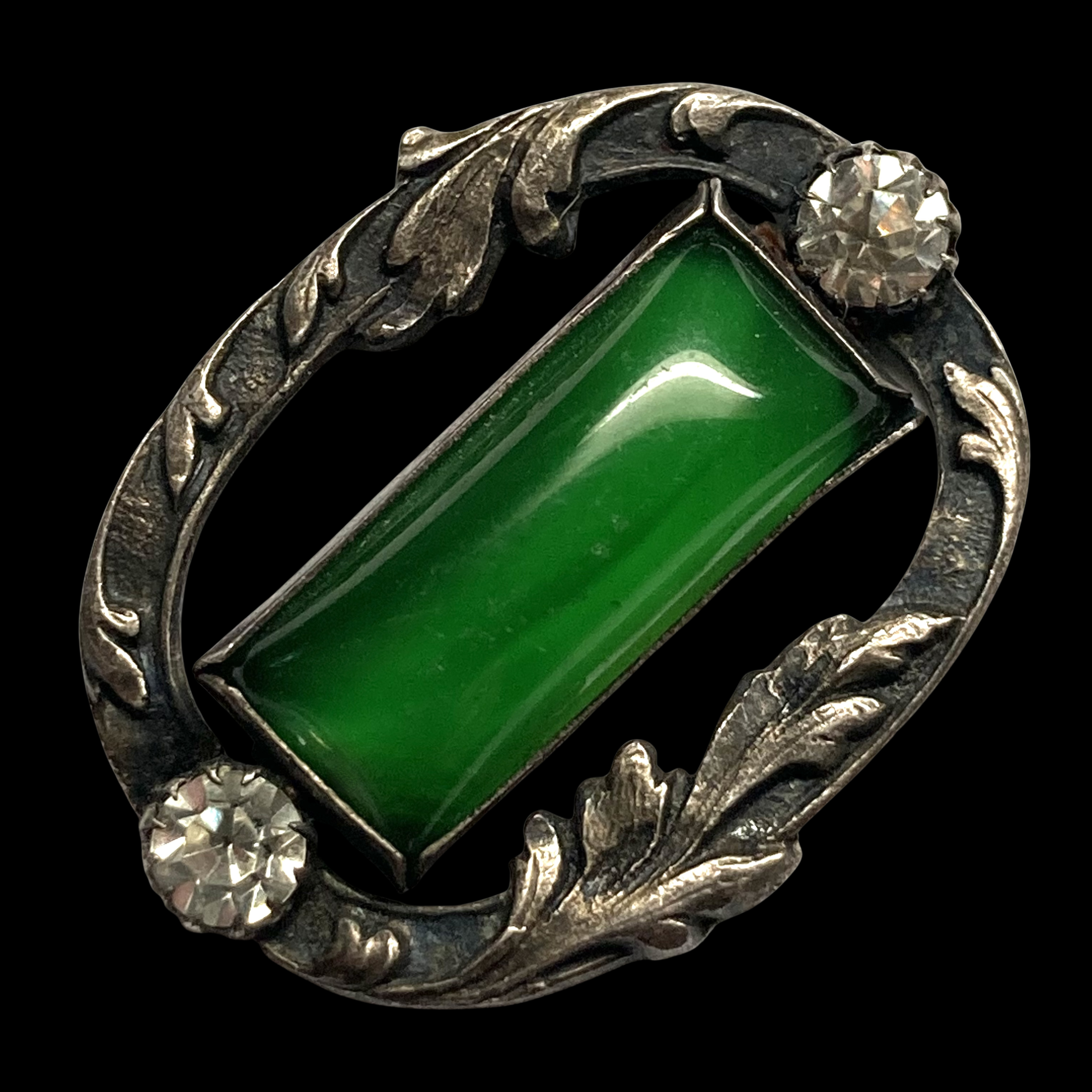 Medium Antique Oval Silver Button w Pastes & Green Glass