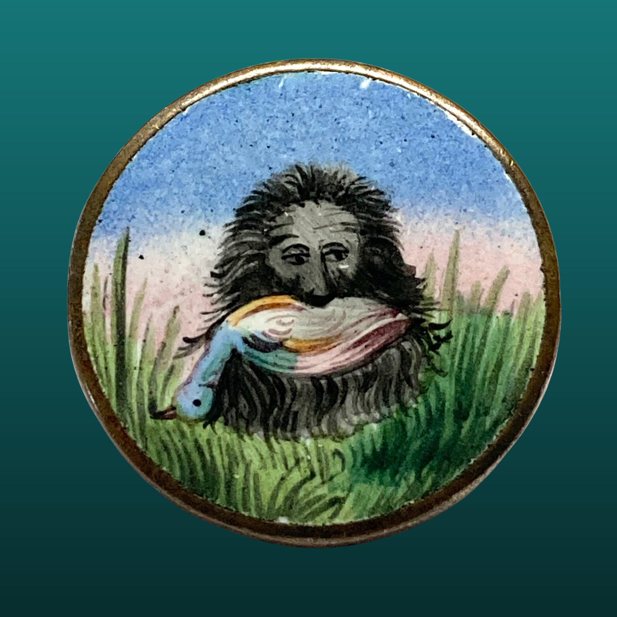 Medium Division 1 Painted Enamel Button Mysterious Wildman of the Marsh with Waterfowl