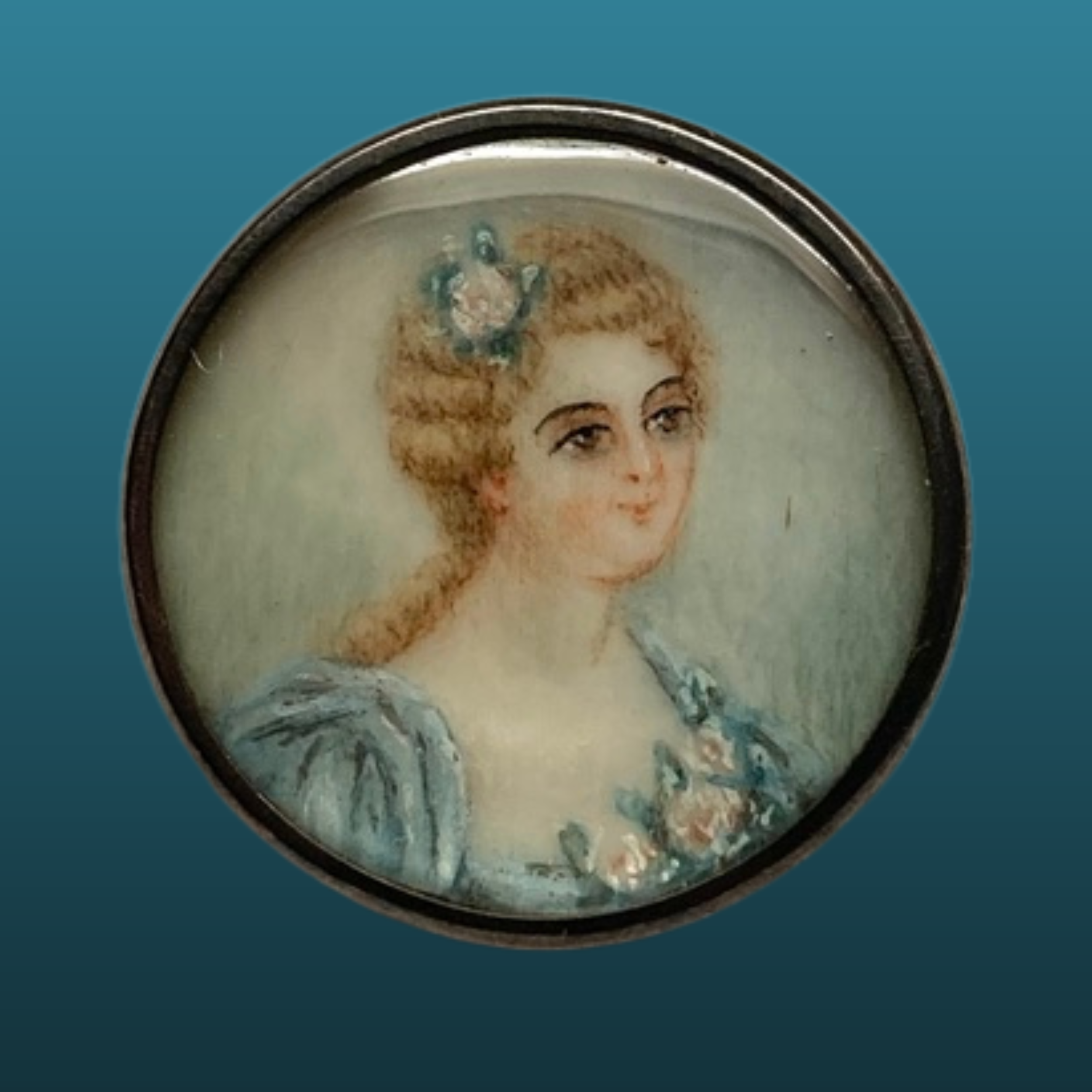 Medium Hallmarked Sterling Silver Button with Painting on Natural Material