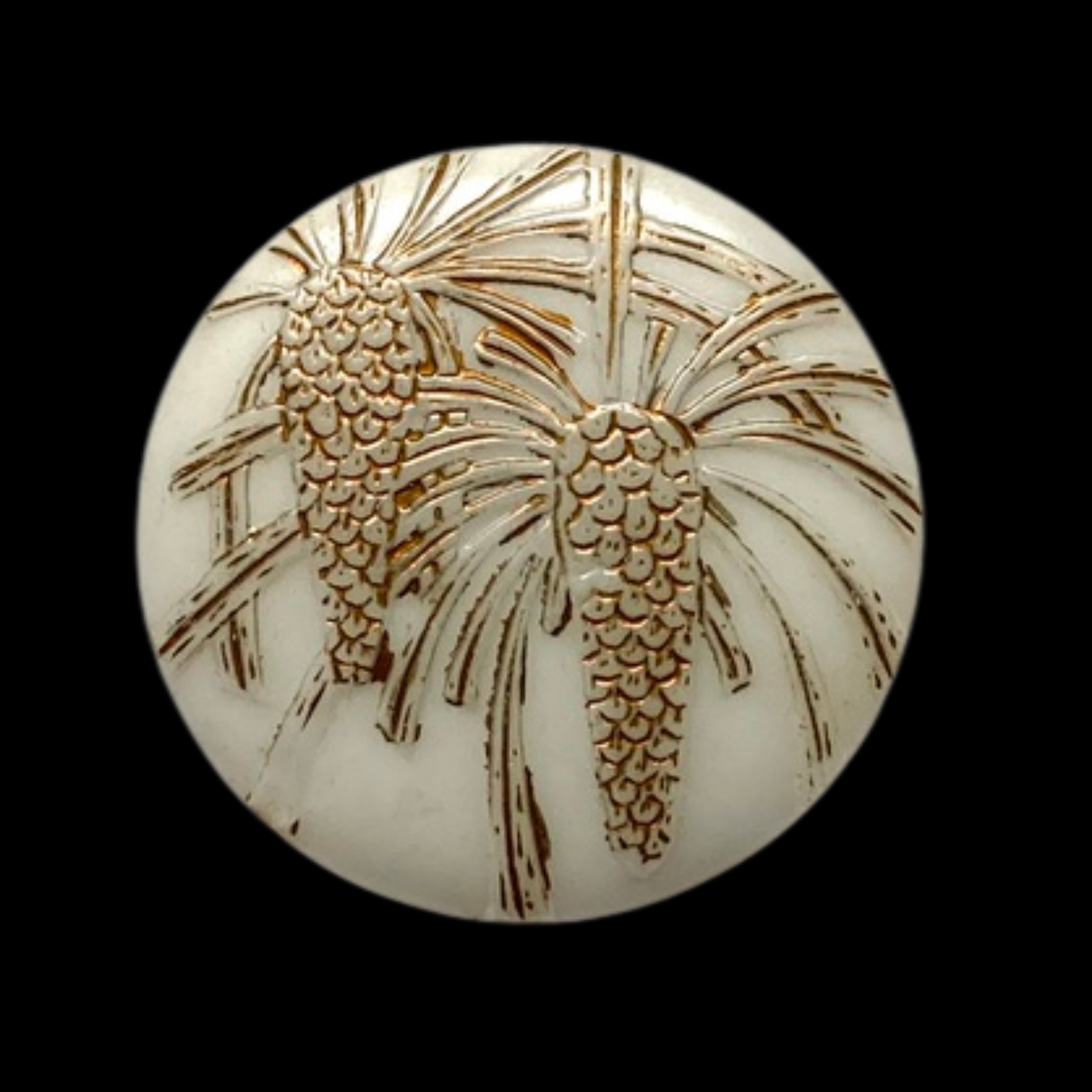 Small Victorian Era White Glass Button with Pine Cones