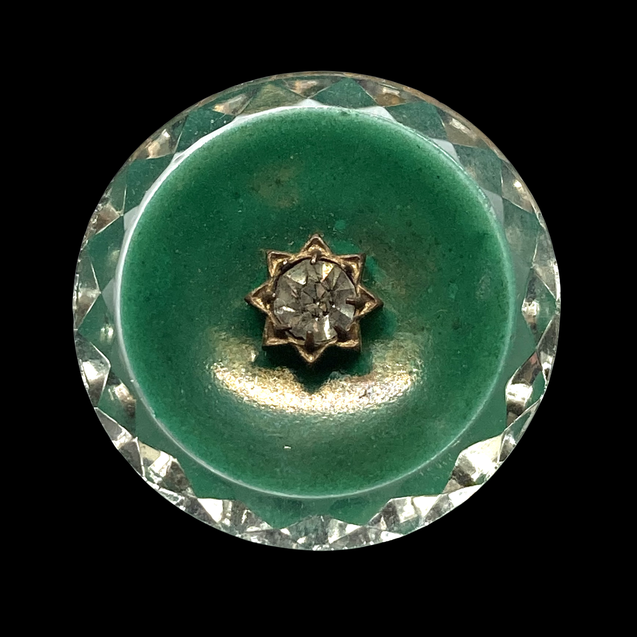 Medium Faceted Clear Glass with Green Enamel Pinshank Button