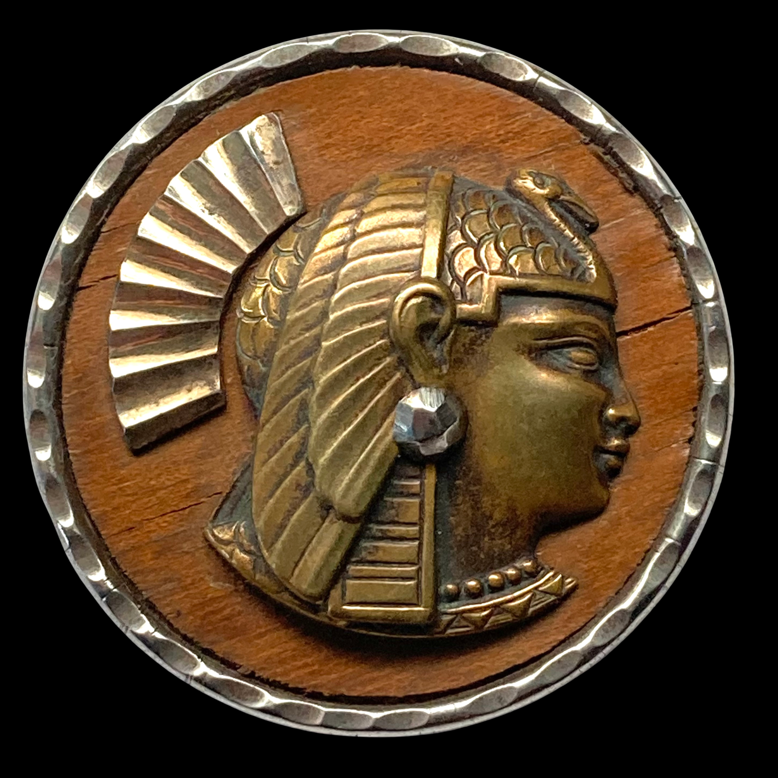 Large 19thC Steel Cup Button with Egyptian Queen on Wood Background