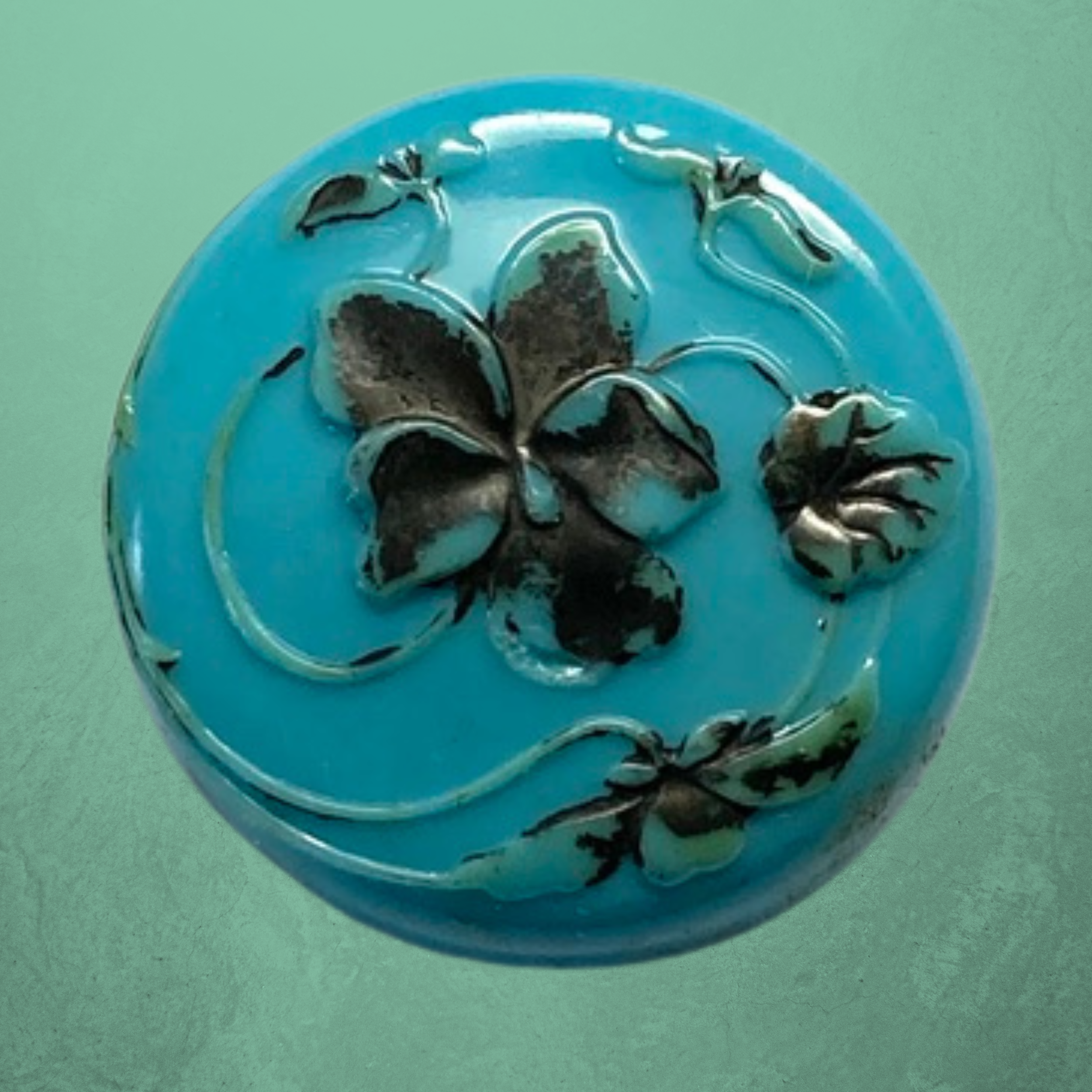 Medium Turquoise Blue Victorian Glass Button with Pansy