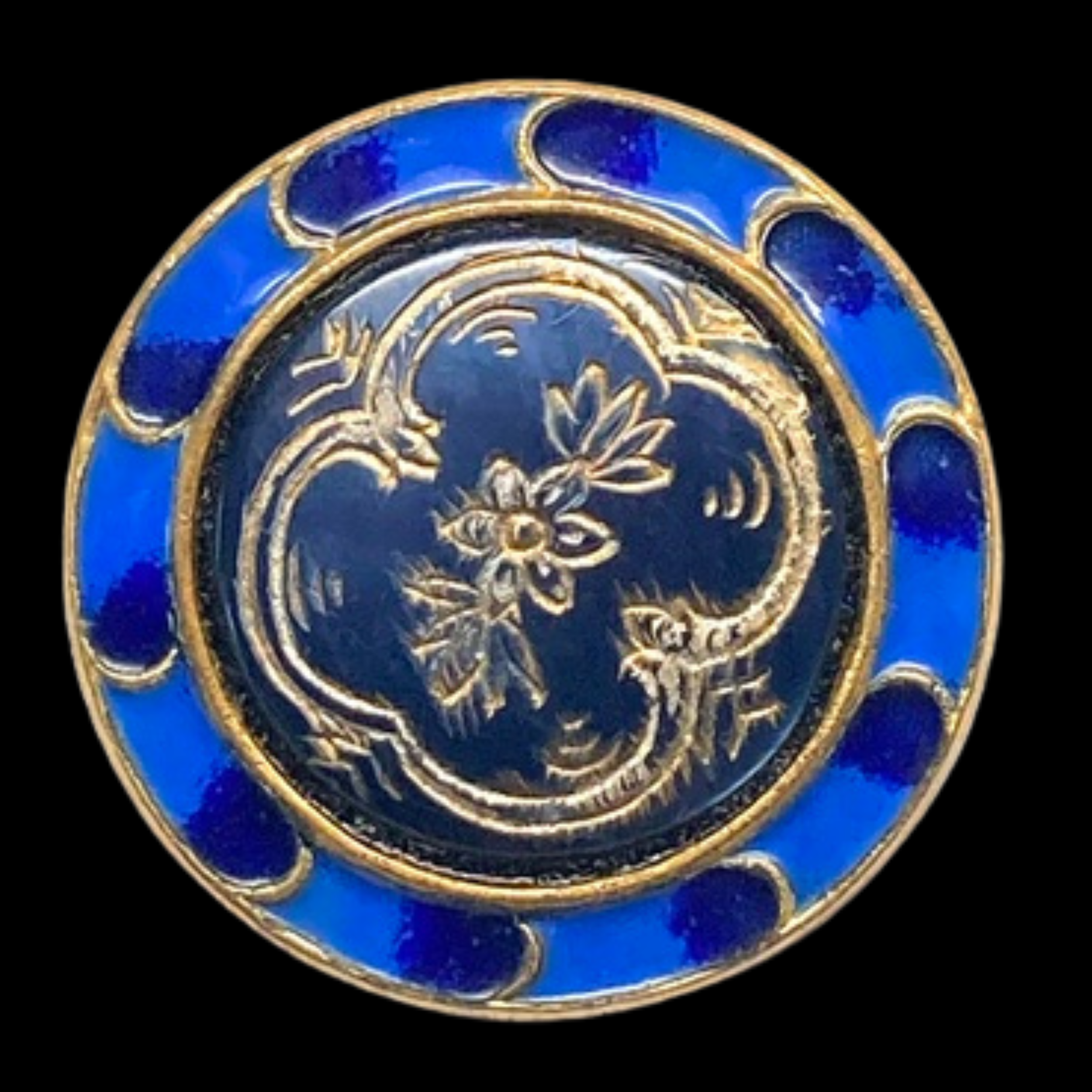 Medium Antique Brass Button with Etched Pearl & Enamel Border