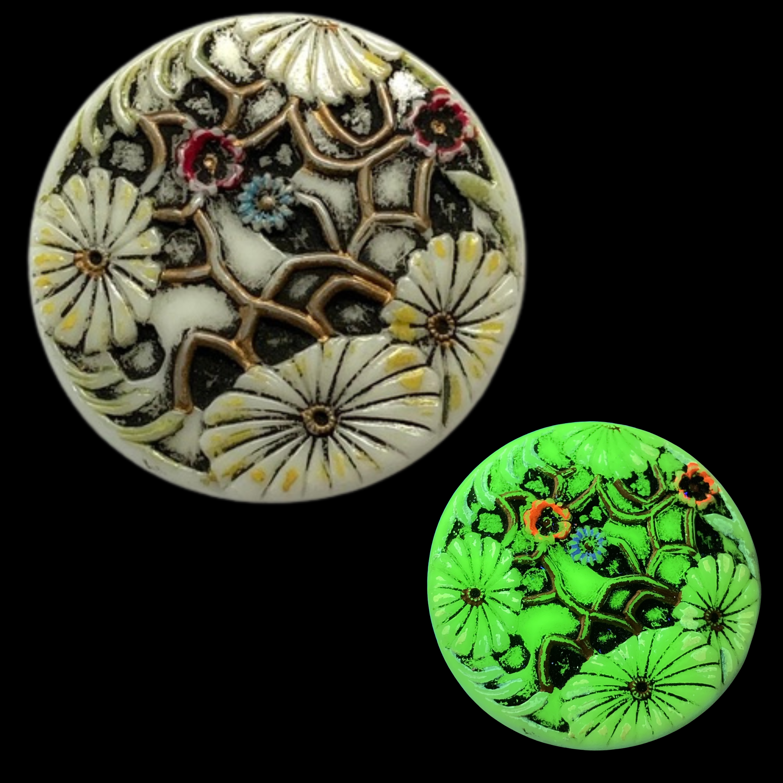 Large Antique Uranium Glass Button with Florals