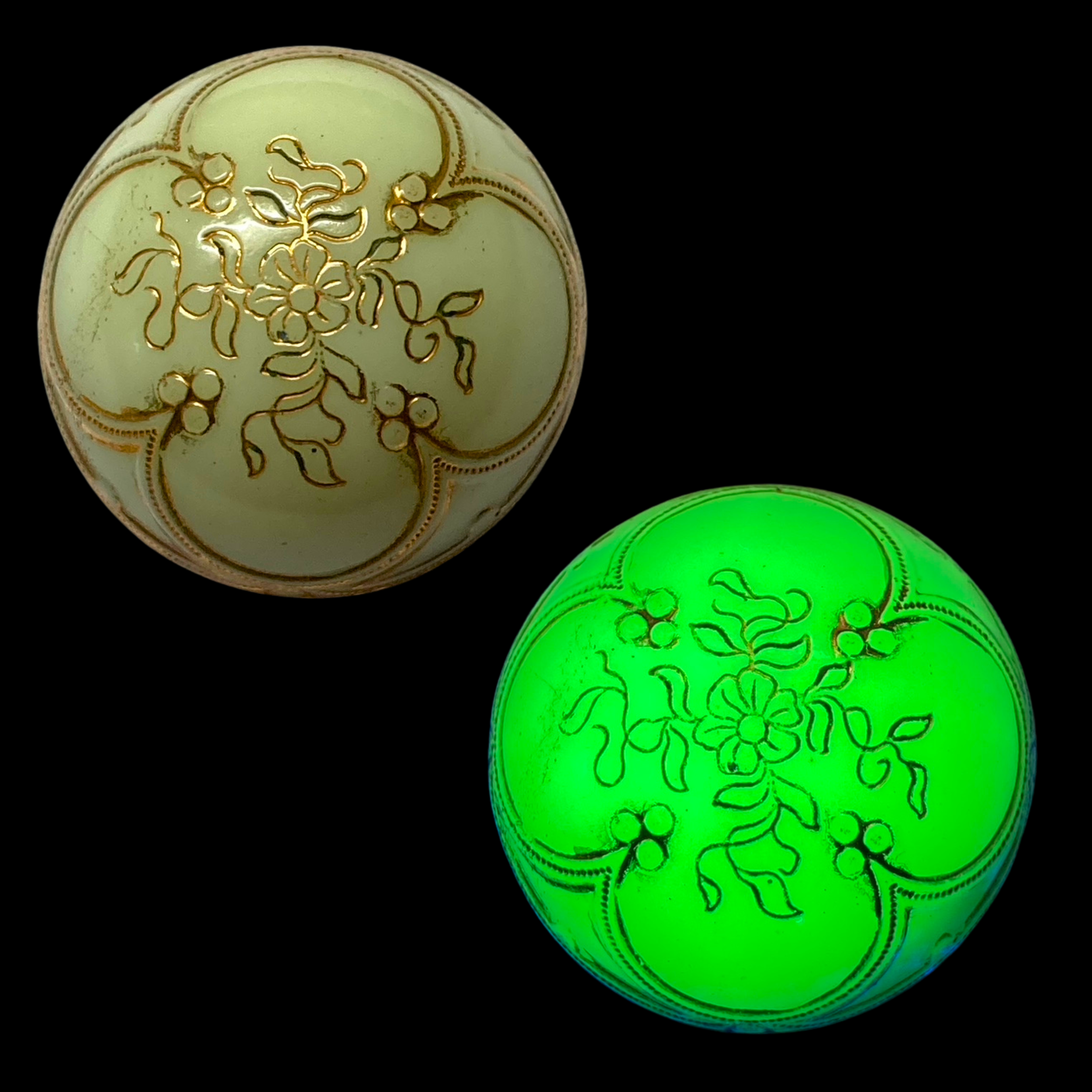 Medium Victorian Uranium Glass Button with Floral Line Design