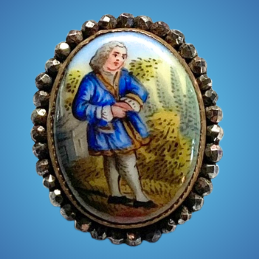 Small Antique Porcelain in Metal Button Man Playing Instrument