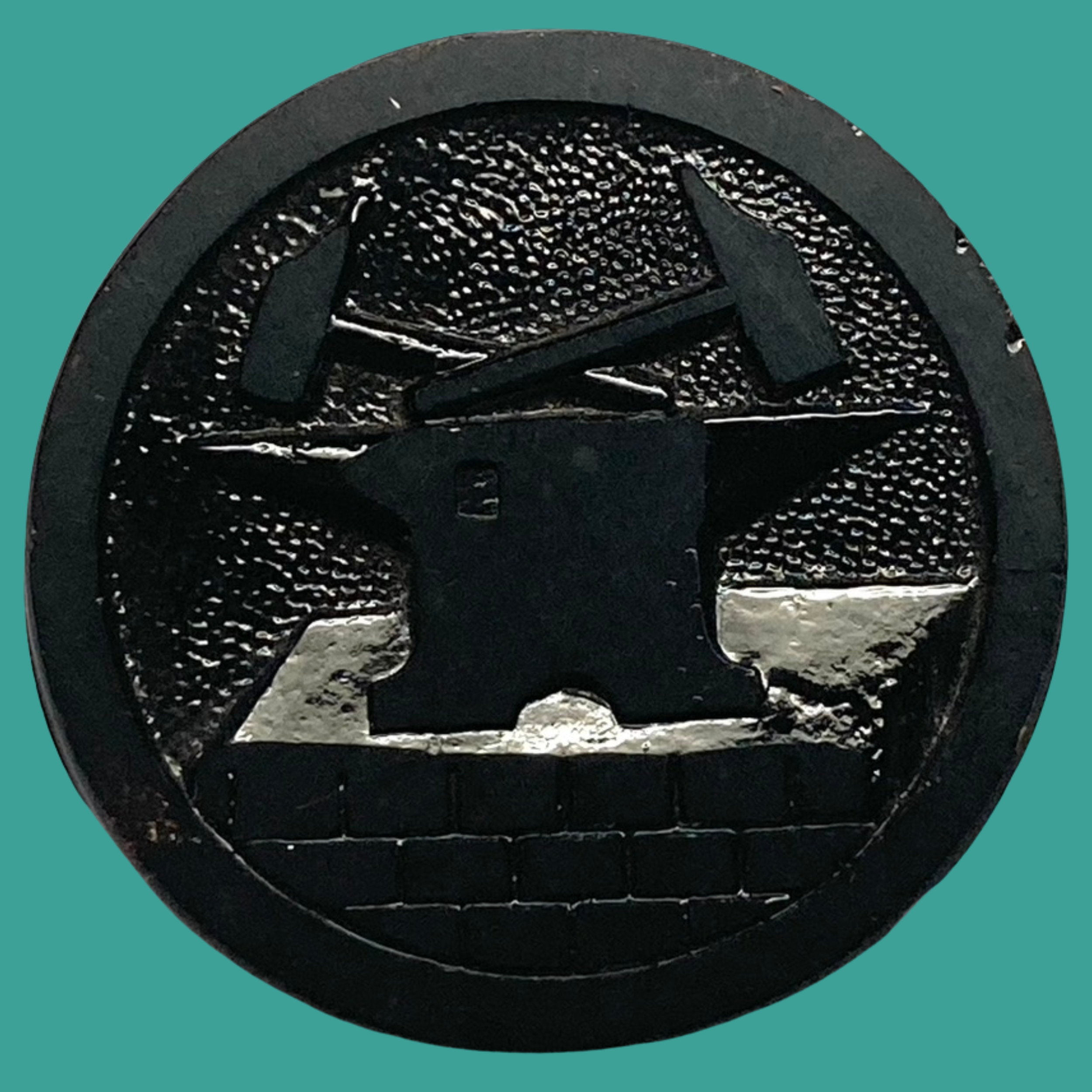 Large Medium Unique Victorian Era Black Glass with Hammers & Anvil