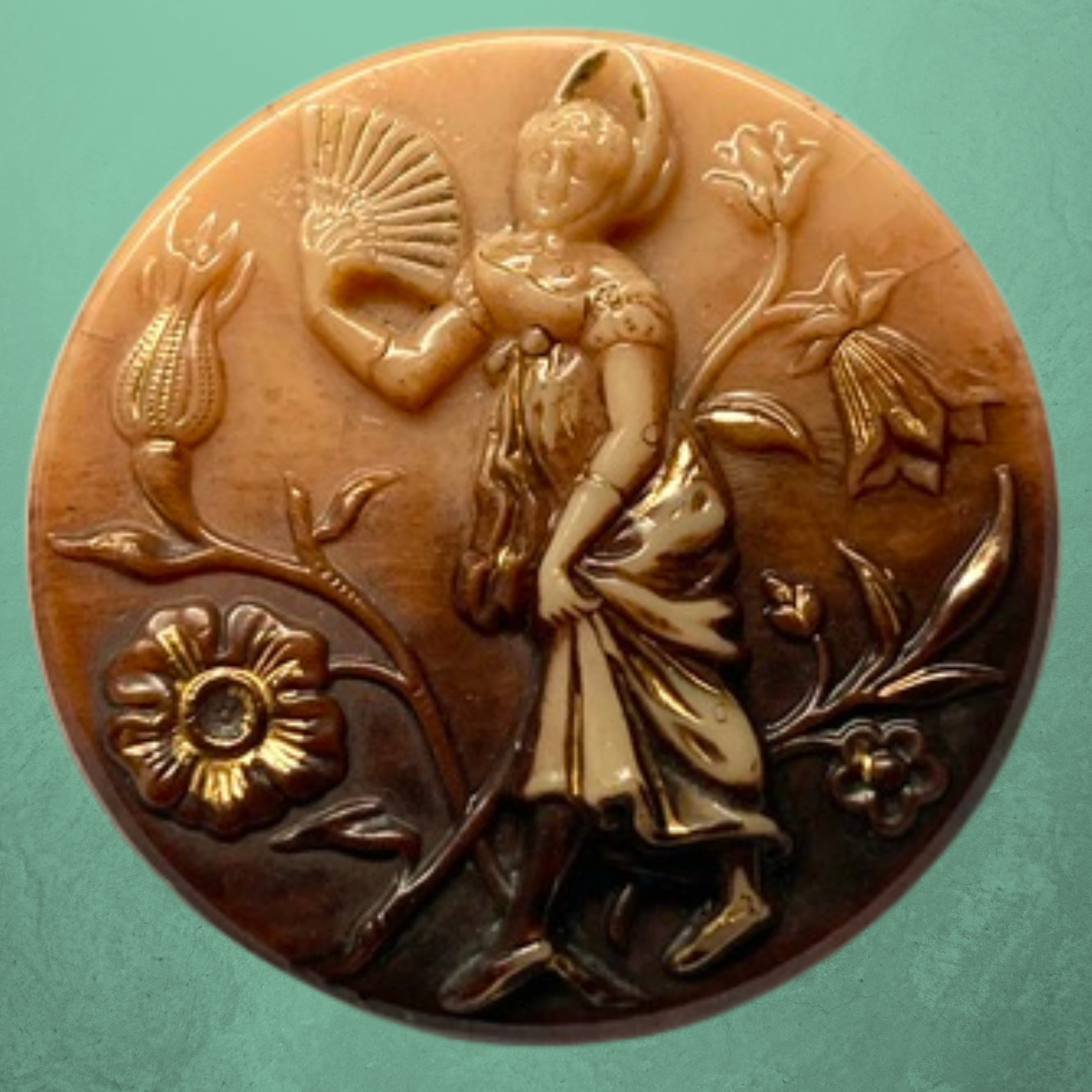 Large 19th Century Caramel Glass Button Lady with Fan