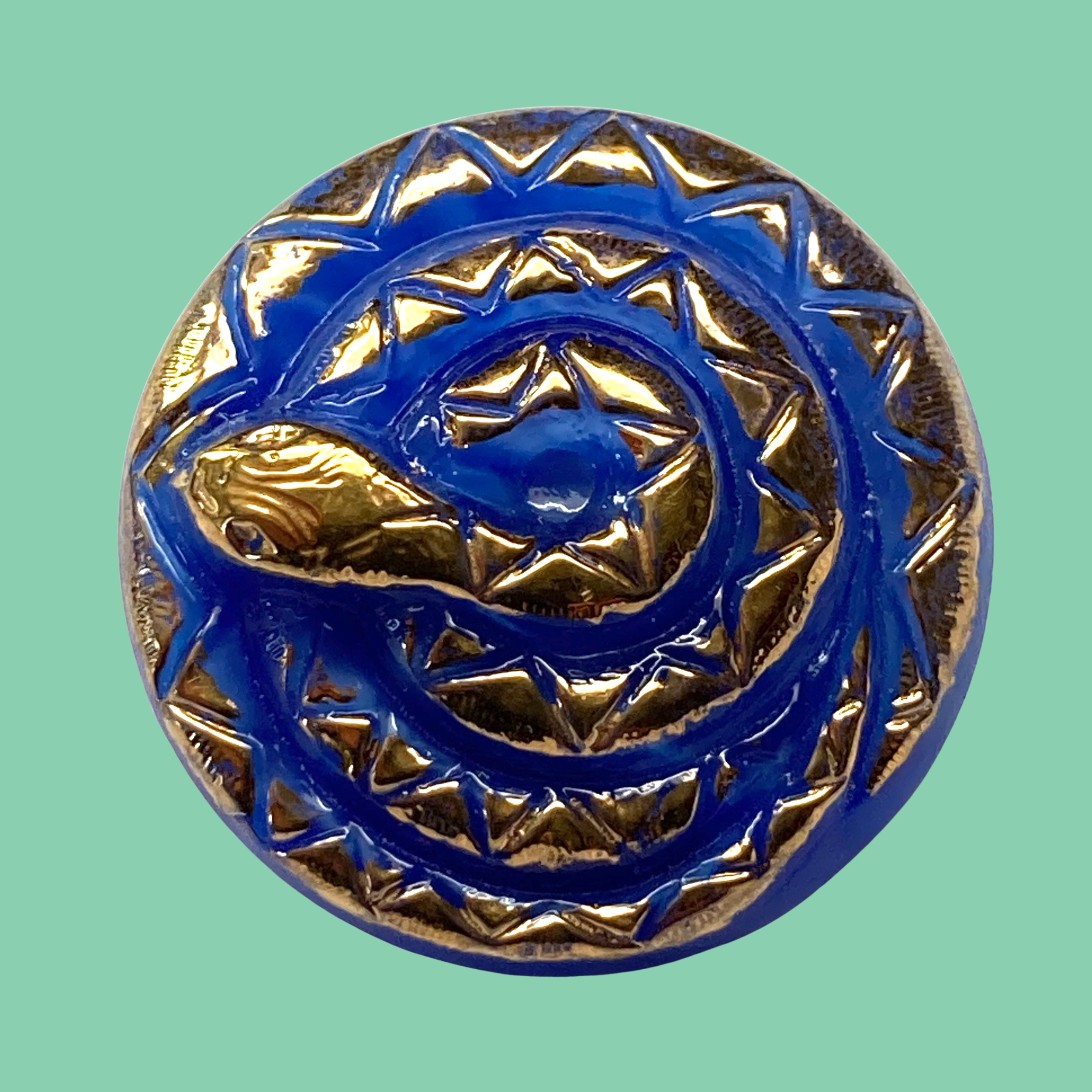 Small Blue Glass Button with Snake Finished with Gold Luster